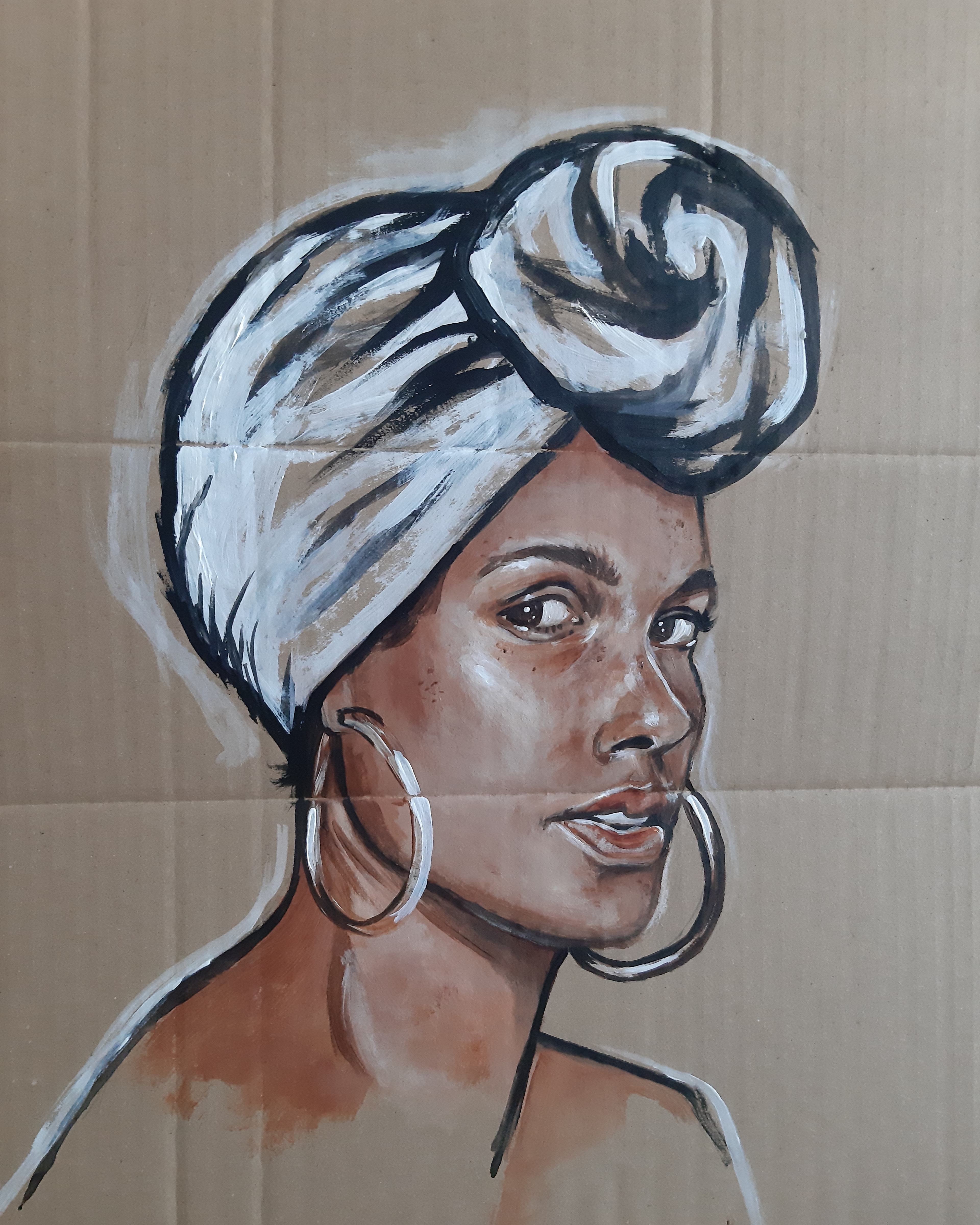 ‘’Portrait of Alicia Keys’’ Tina Ramos Ekongo, acrylic on cardboard, 2020 ‘’Portrait of Alicia keys created during lockdown at the artist first Instagram live session which took two hours on the 2nd of April 2020. The painting uses light brown tone to get the natural look of a mixed raced woman, the character is wearing a headwear which is ambitiously unfinished, the composition is vast simple and clean, formal monochrome, utterly convincing and human, through the expression the portrait becomes emotional and sparkling and the looking penetrating and personal. The use of cardboard as technique, serves as a juxtaposition on the value of black women in Western societies. Through the technique, the artist gives a new value to a disposable material that is cardboard and highlight the exquisite beauty of the black woman in its different shades. Unframed Dimensions (cms): h: 41 w: 40 d: 1 Framed Dimensions (cms): h: 50 w: 50 d: 2’’ @tinaramosekongoart