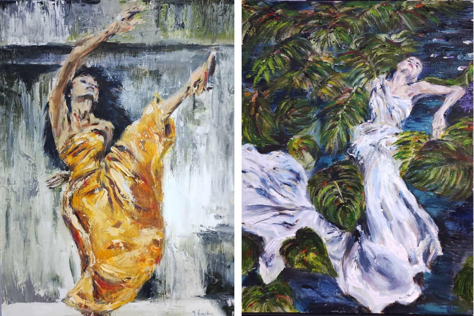 “Before and After” Justyna Lucka, oil on canvas board, 2026 “Meditation on perception of women in society. Before is the attempt of freedom, created with a palette knife and big, decisive moves. After shows a result of conforming to the society, with the subject being trapped, weighed down and eventually drowned by expectations of others. It is made in small brushstrokes, signifying stagnation, stillness, defeat.” @fuszerkakolektyw