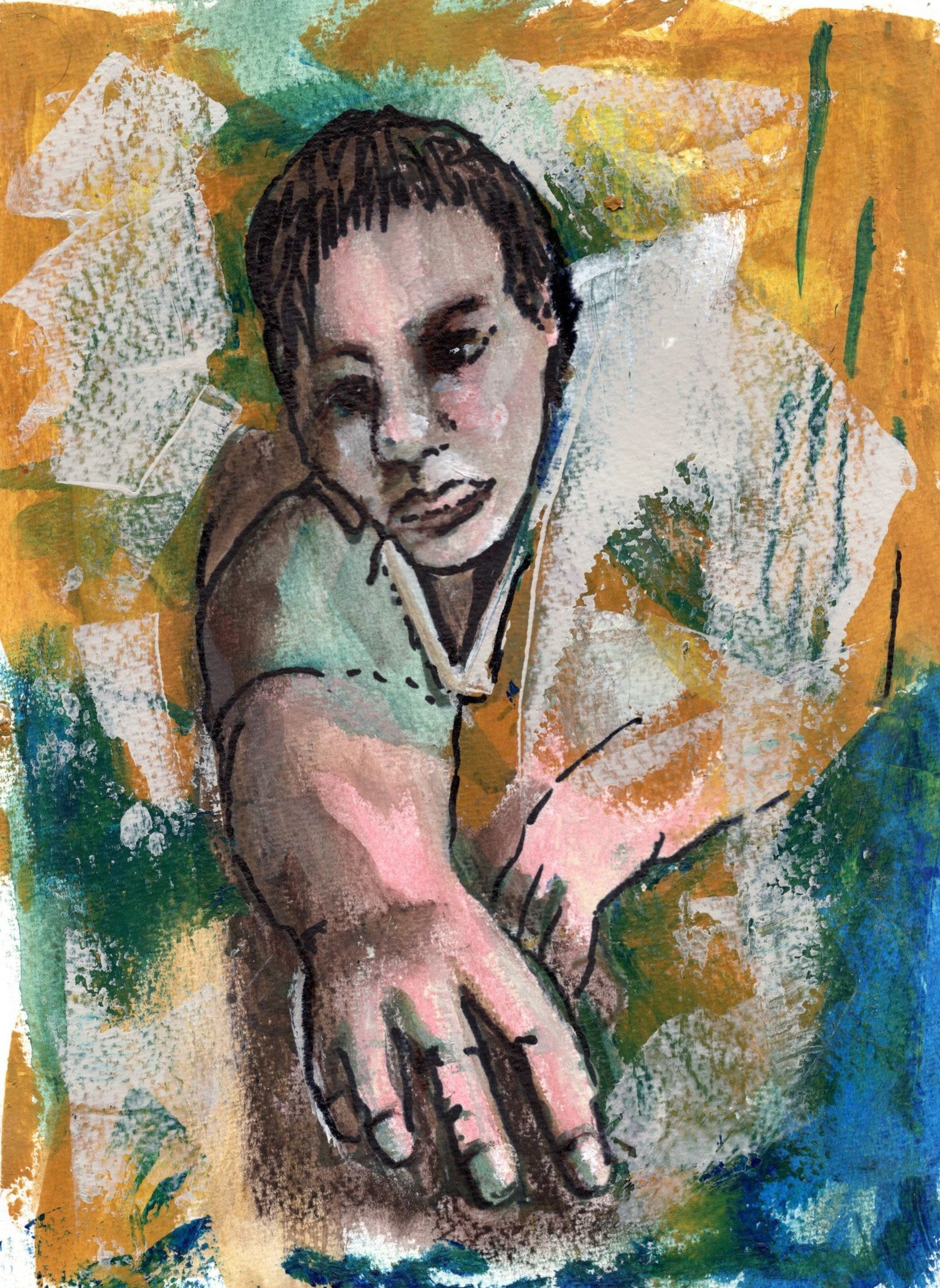 “Held Between Thoughts” Jenette Morrell, Mixed Media, 2026 “This mixed-media figurative work presents a solitary figure leaning forward. The pose conveys introspection, weariness, or emotional withdrawal, while the downward gaze avoids direct engagement with the viewer.” www.jenettecoldrick.com