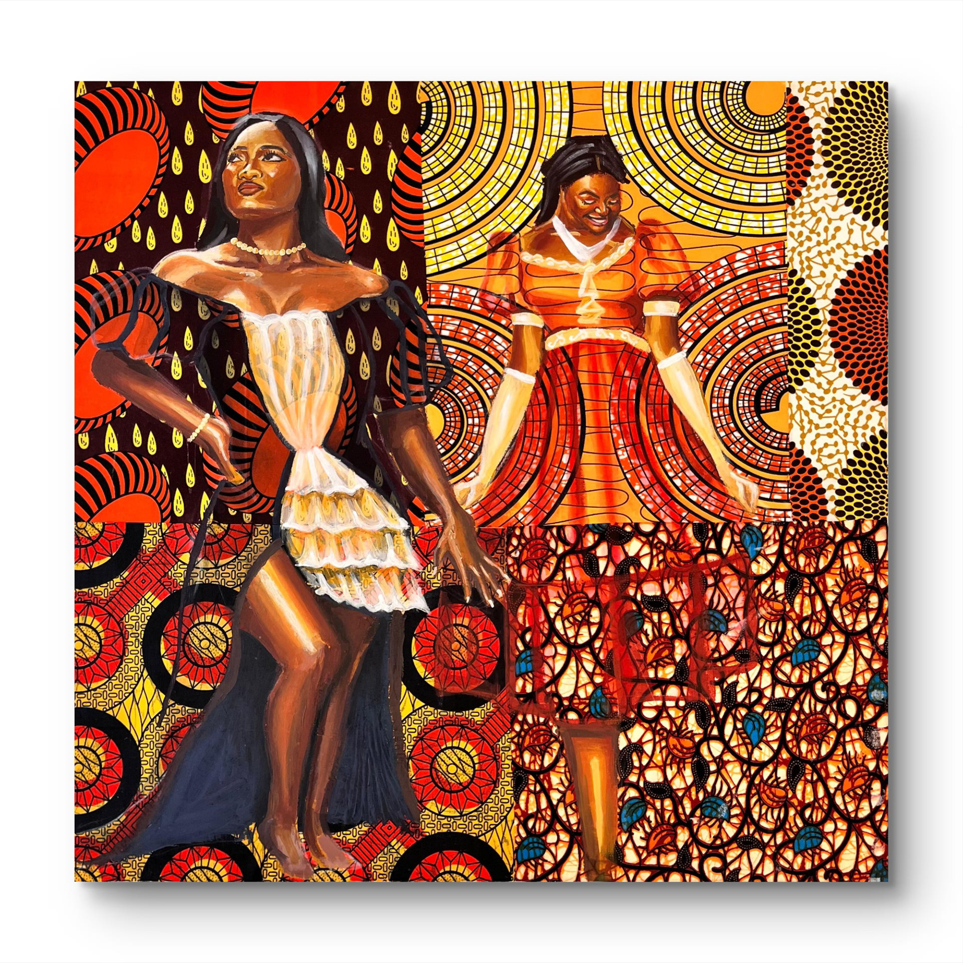 “The Victoria sisters: Ene & Vicky” Obiaje (O-byah-jeh), Acrylic Paint and ankara fabric in cotton canvas, 2023 “This painting was inspired by the TV show Bridgerton. It was the first time I saw people of colour portrayed in an elegant historical setting, rather than the Black body being reduced to images of slavery. I wanted to create a piece inspired by that feeling, something that allows other people to see how sophisticated and beautiful African culture can be. I combined Victorian-inspired fashion with an Ankara-patterned background to merge both influences together. Through this piece, I want people to understand that beauty is not limited to one standard.” https://www.obiajesart.com/ 