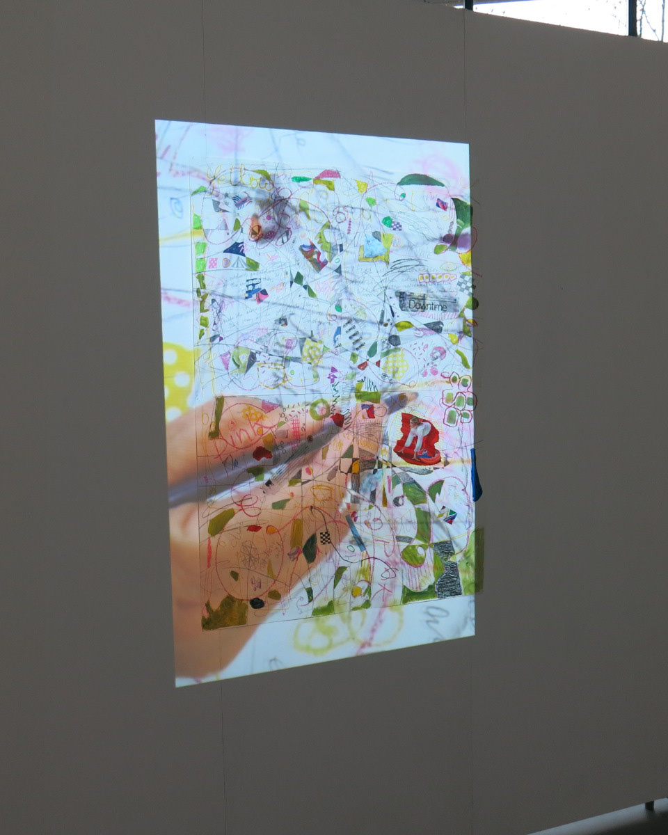 ‘’drawing on drawing’’, Ruth Redgrave, film projection and mixed media drawing with collage on A1 paper, 2020  ‘’It is a recording of a film being projected onto a drawing. The film is of me drawing onto that drawing in the making. I have also included a still of the installation’’  Instagram: @ruth_redgrave_art