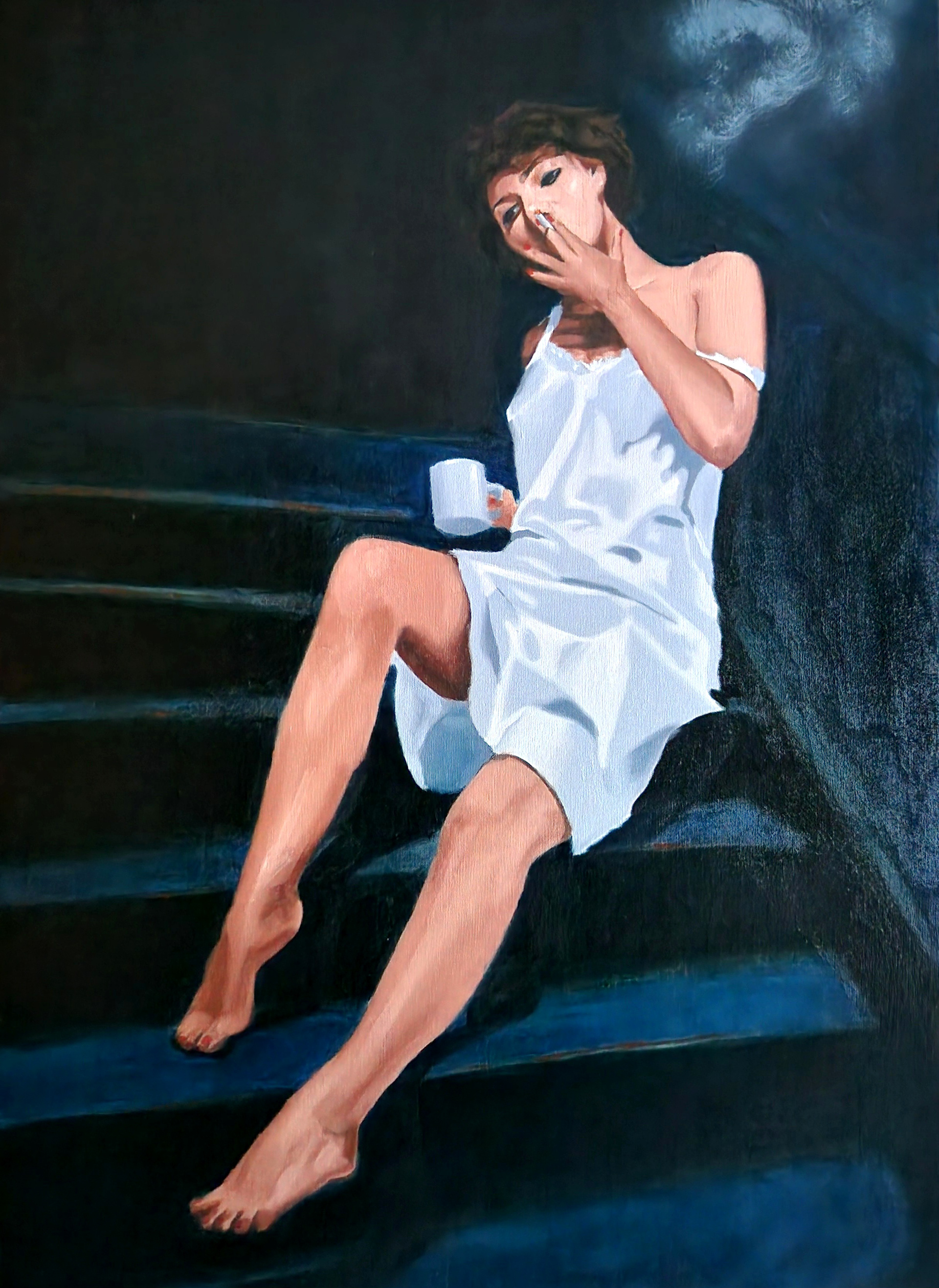 “Table for One (IV)” Cat Northfield, oil on wood, 2026 “This painting is part of a series of 6 oil paintings on wood, exploring the psychological landscape of eating alone. Painting IV invites the viewer to intrude on an intimate scene: a reflective moment after a missed meal, and the subsequent late-night fortitude drawn from a drink and a cigarette.” www.catnorthfield.com @cat.northfield.art