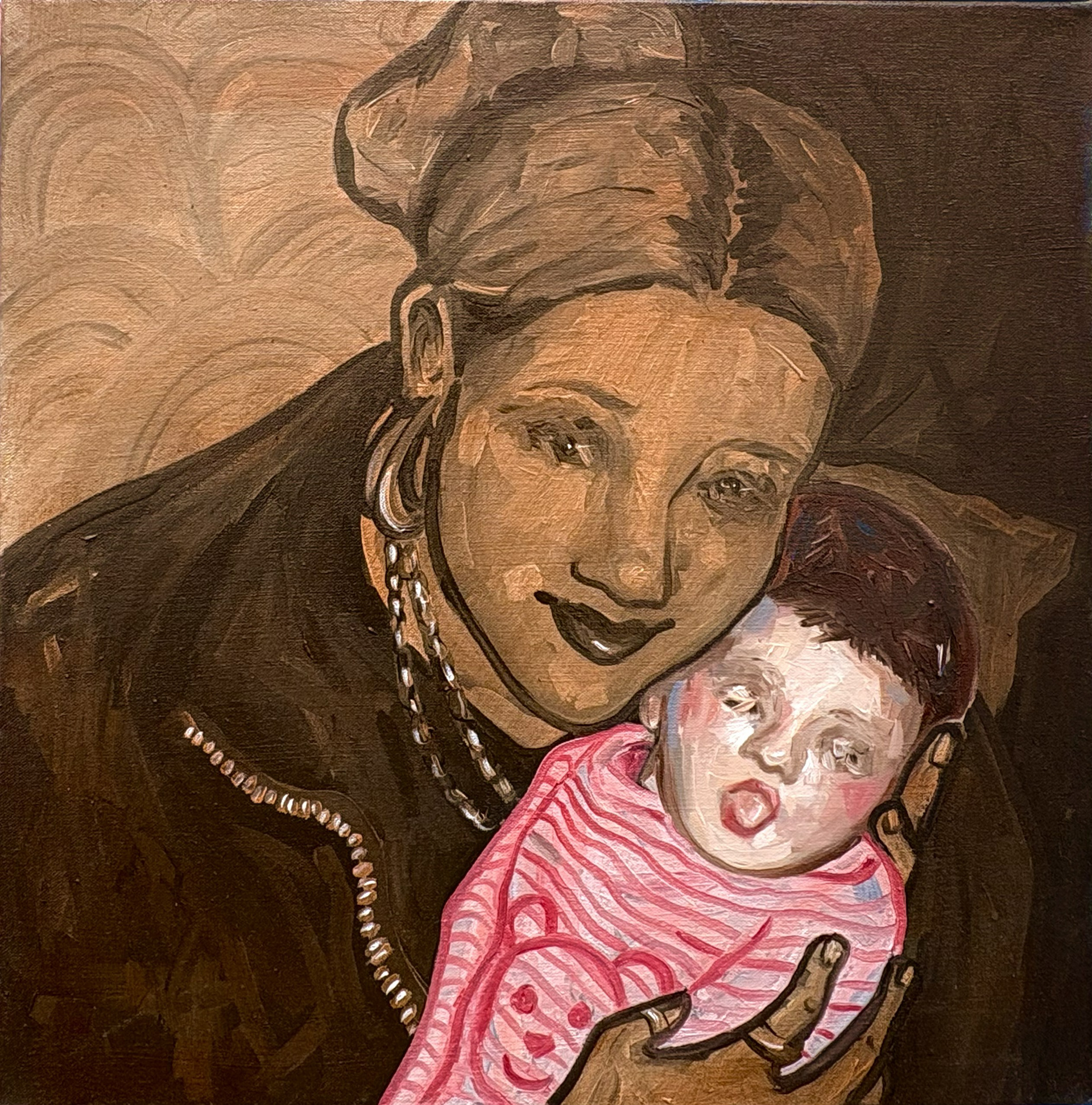 “A Mother's Love” Alisha Ali, Oil on canvas, 2026 “I am an interdisciplinary artist, often exploring themes of culture, memory, and relationships, through an autobiographical approach. I have an interest in investigating my own experiences, the natural world, and the ways in which it makes me feel. In particular, I look at how life impacts us and shapes the way we perceive the world around us. In this body of work, my core concepts pertain to childhood and nostalgia; this is with an uncanny underpinning. Using tone and texture, through means of oil paint, I look to understand how memory works in relation to childhood. The current work is informed by the ideas surrounding memory and childhood, stemming from the fact I do not remember a lot of my own. The brain acts as a computer, in the way it holds information, and prioritises the important; this results in a lot of the ordinary being forgotten. The idea that I don’t remember moments or people, all because my brain may not have deemed them as a priority, feels unfair. Memory in its own right is also unreliable, able to be altered or changed based on input like photos, videos, and stories passed down. It proposes the question ‘am I mourning a childhood that even existed?’. I wanted to question the perceptions of nostalgia, and invite viewers to reflect upon their own memories. In this piece, my mum is holding me and showing me to the camera. I feel as though I have this strong connection to it, due to the look on my mum’s face. To have me, my parents had to go through IVF; this made my birth all that more special to them. I can see the warmth in my mum's face, the way she holds me up like she's showing me off. This is one of the photos where people say I look like my mum, and is from an actual album as opposed to saved on a phone.  I used my style to my advantage in this painting, working in clear strokes and means of shorthand. I feel as though, by representing something in brushstrokes over a realistic depiction, it adds to that sense of nostalgia that I have been carrying throughout this project. The painterly style, done by working in layers of clear brushstrokes, adds to the concept of what memory is. Memory is fleeting, constantly in fluidity, and often depicted to change. The use of oil paint is something that is reminiscent of such ideology.” Instagram: @alishaaliartist Website: https://www.alishaali.com/ 
