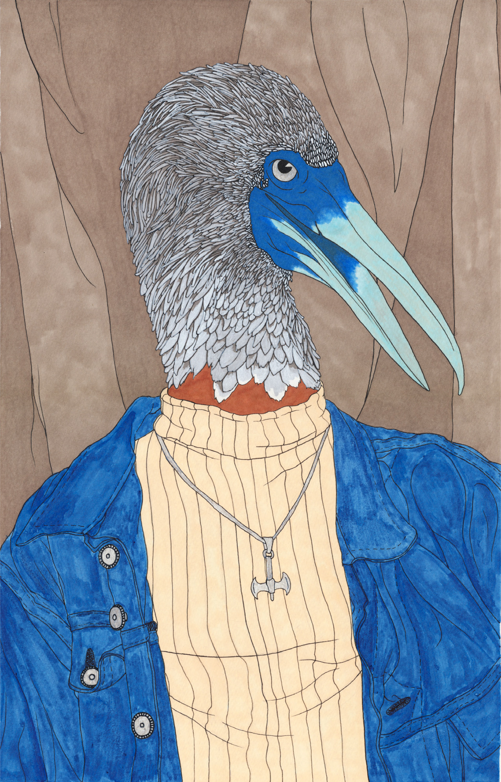 “Blue-Footed Booby” Harriet Pilcher, ink and marker, 2026 “'Blue-Footed Booby' is a part of an ongoing series titled 'The Birds' – The series addresses the historic and ongoing dehumanisation of women, specifically considering the term 'birds' as a diminutive. The continual use of this term (which has been in use in some form since at least 1915, although it is suspected to derive from Middle English) reinforces the idea of women as cute, helpless, fragile, lesser. Each image in the series shows a different bird-headed woman from an era in history, acting as a reminder that birds are also ferocious, majestic, intelligent and require freedom to thrive.  The Blue-Footed Booby is dressed in denim and wears a labrys at her throat. The female booby is larger than the male, her feet are more vibrant, and she has a loud honk as opposed to the male whistle.” @pilchards.on.toast