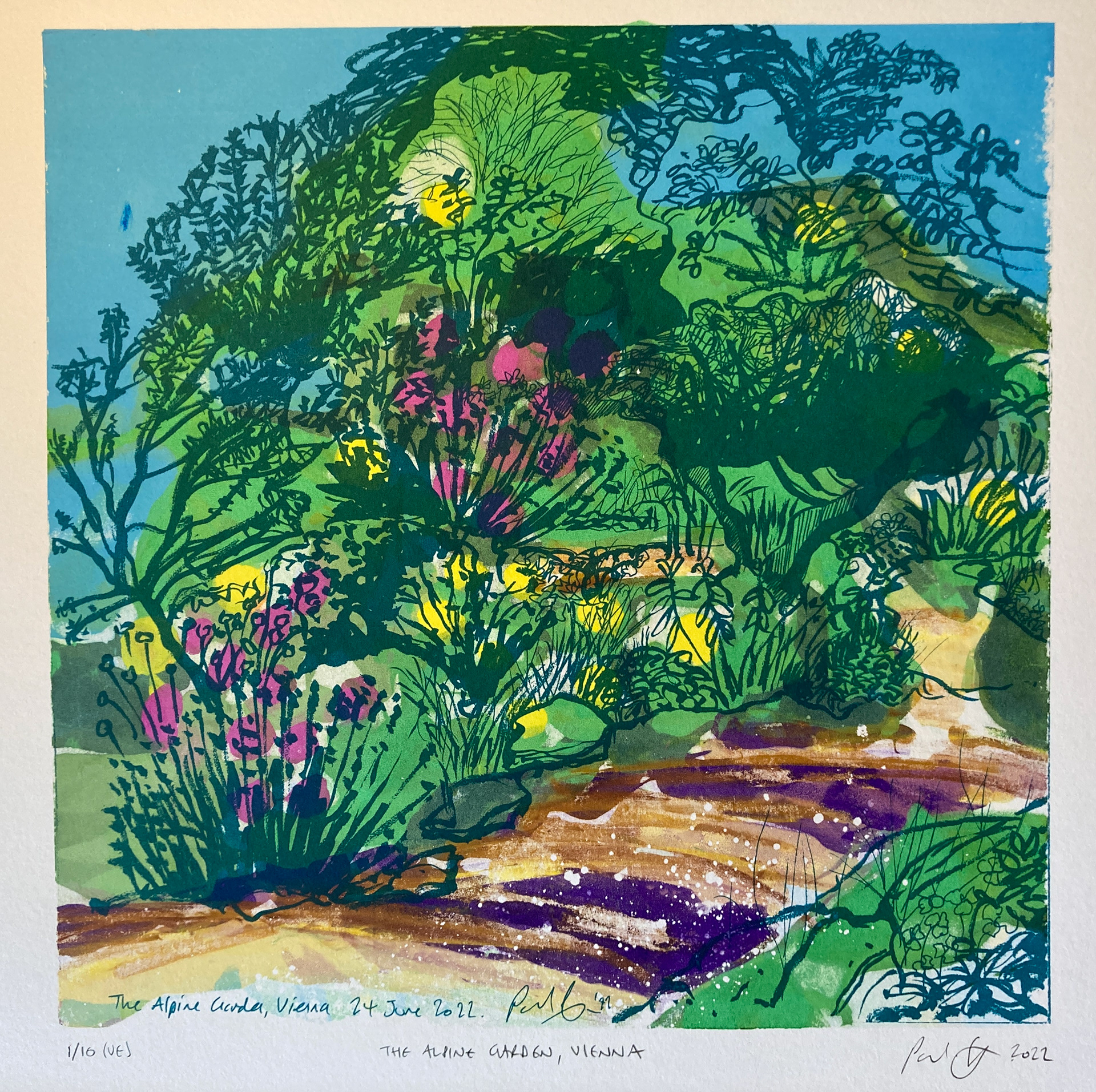 “The Alpine Garden, Vienna” Paul Tranter, 2022 Screenprint, wax pastel, talc and acrylic on paper, Image size 25cm x25cm, paper size 31cm x 31 cm
