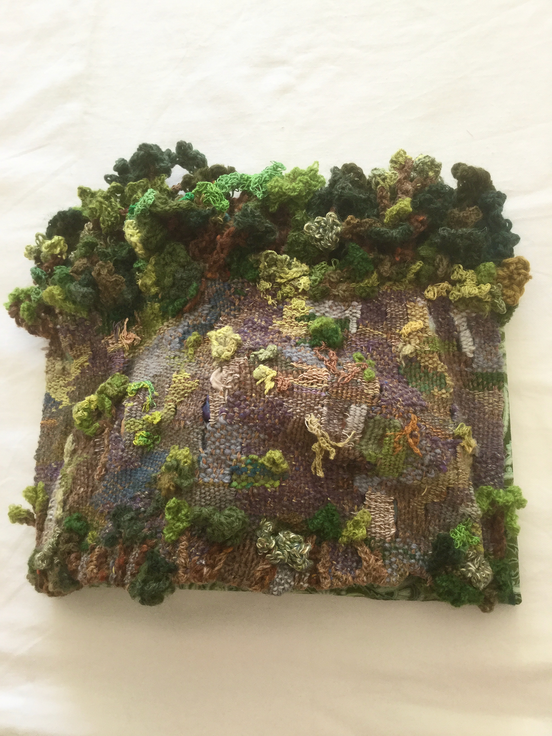 ‘’ Mount Lico’’ Claire Cooper-Walsh, Textiles- weaving, embroidery, crochet, 2020 ‘’This is a 3 D tapestry weaving with added crochet and embroidery. It was inspired by a rainforest on top of Mount Lico in Mozambique- it was discovered in 2012 on Google Earth, and was undisturbed by humans due to its inaccessibility. I have used tapestry weaving to create the rock face of the mountain and added some embroidery stitch and crochet to create the foliage clinging to the rocks and larger freestyle crochet to create the trees on top of the mountain. I have bent the weaving around chicken wire to capture a small slice of the vast edifice.’’ @ccooperwalsh