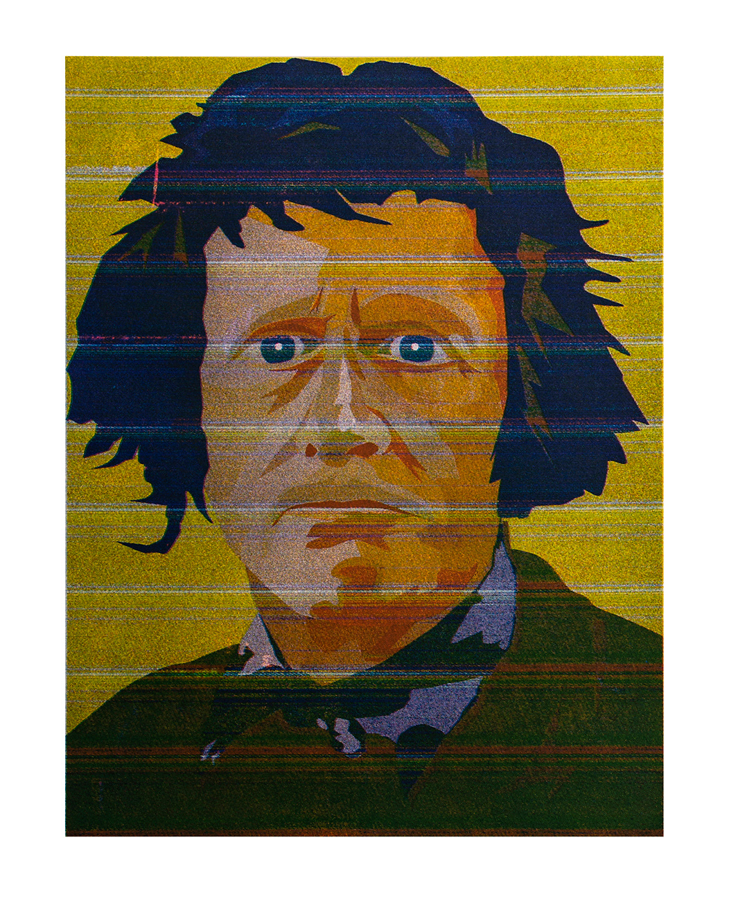 ‘’Grayson’’ Scott Lee Freeland, screenprint, 2020 ‘’A screenprint of Grayson Perry, part of my series 'Don't Judge Me' . 38cm x 56cm on Somerset paper. Illustrator drawings corrupted using inkjet printer faults and scanning before preparing as a CMYK Screenprint. It connects to my overall theme of disconnection that relates to how young people in particular often view the world third hand and attach to fake gods and idols. Grayson, is an anomaly in many ways like a glitch in the system while being a strong believer in how art and crafts can enhance lives - also shown through his work during the pandemic.’’