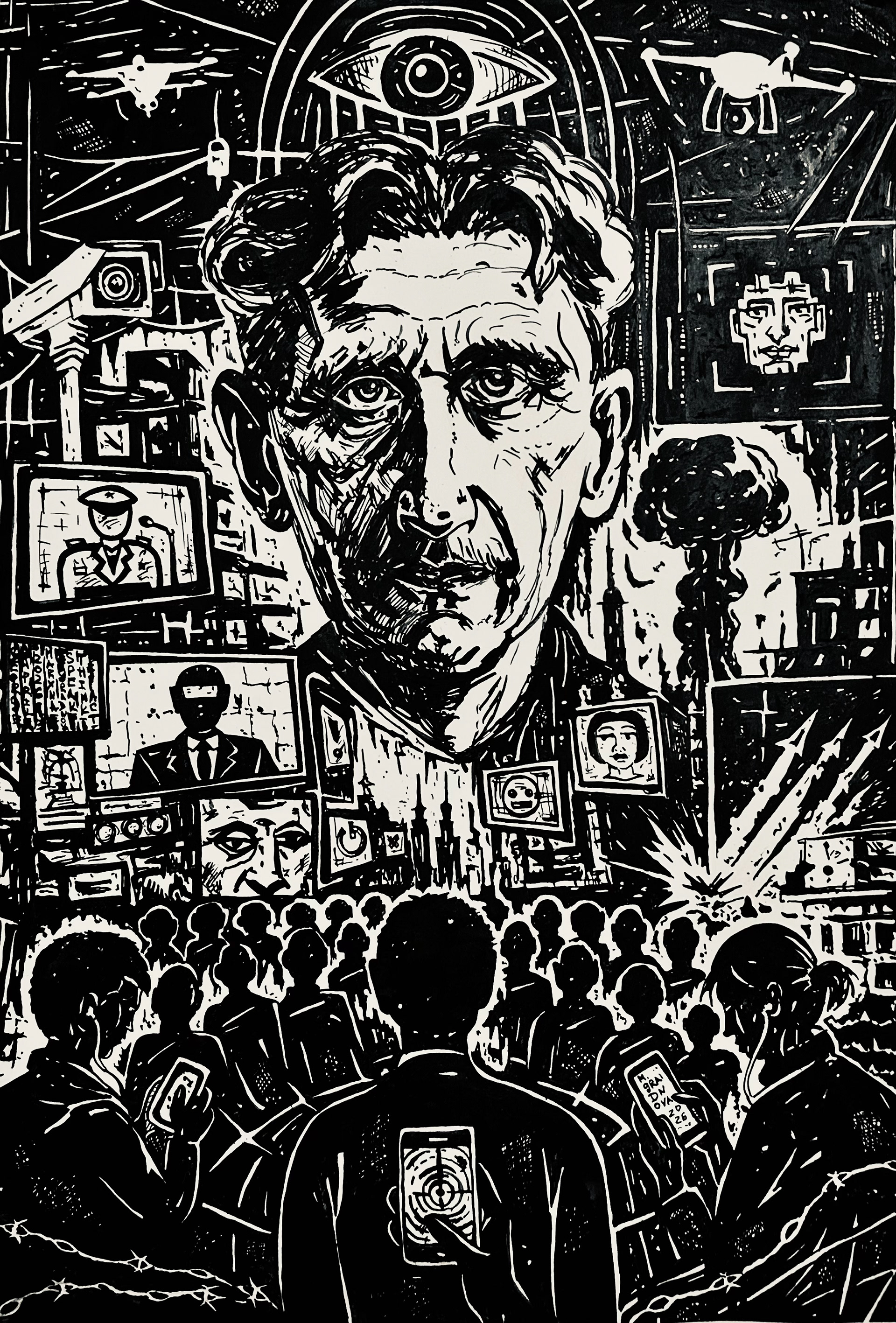 “Being George Orwell 21” Maryna Gradnova, Ink on paper, 494mm x 338mm, 2026 “To see through George Orwell is not to look back, but to look again.  The world has shifted—its surfaces, its speed, its language—yet something beneath remains disturbingly familiar. Power softens its edges, truth fractures into versions, and thought moves quickly but not always deeply.  Is this change, or only a new skin?  The work lingers in that uncertainty. It does not declare, it senses. It moves between recognition and doubt, where past and present blur, and the question remains unresolved—quiet, persistent, and impossible to escape.” @costumemodehistory