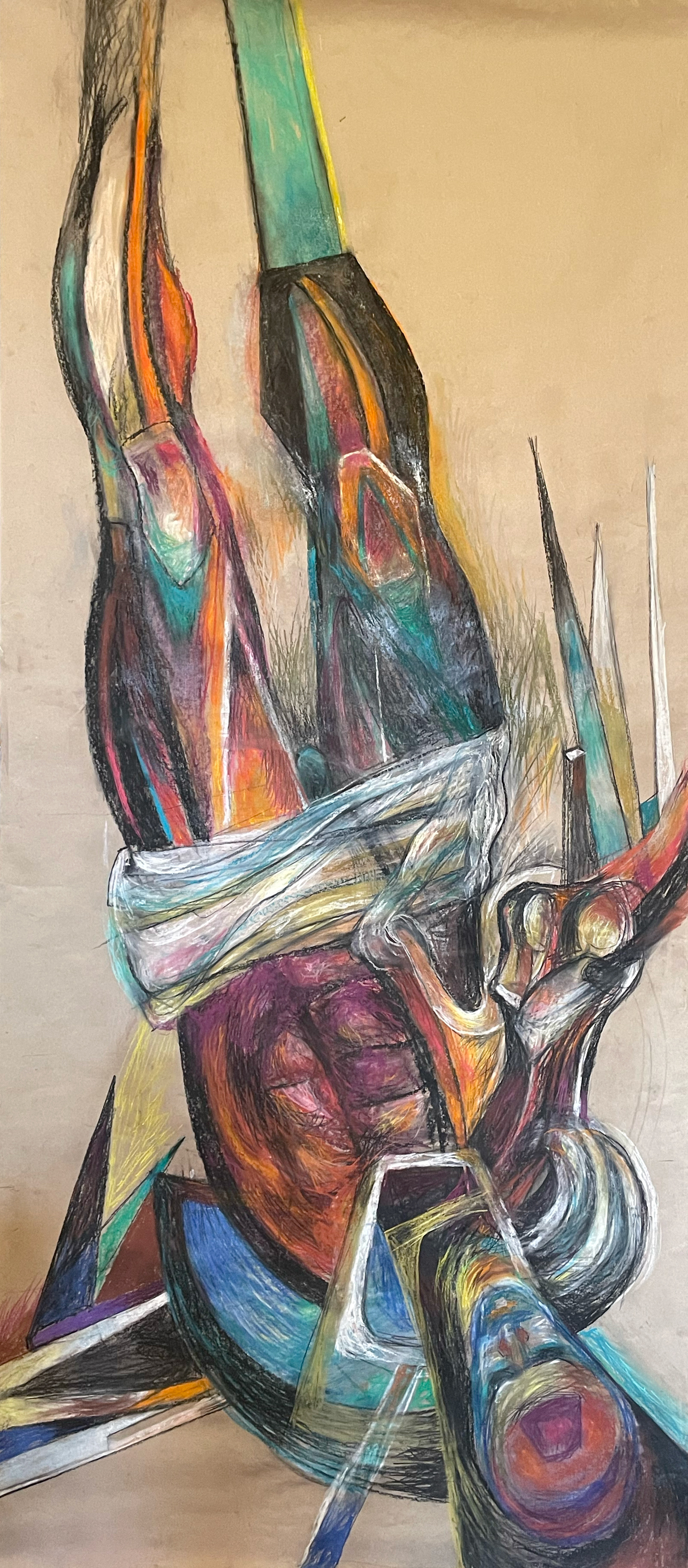 Ikarův pád, pastel na papíře, 200 x 90 cm