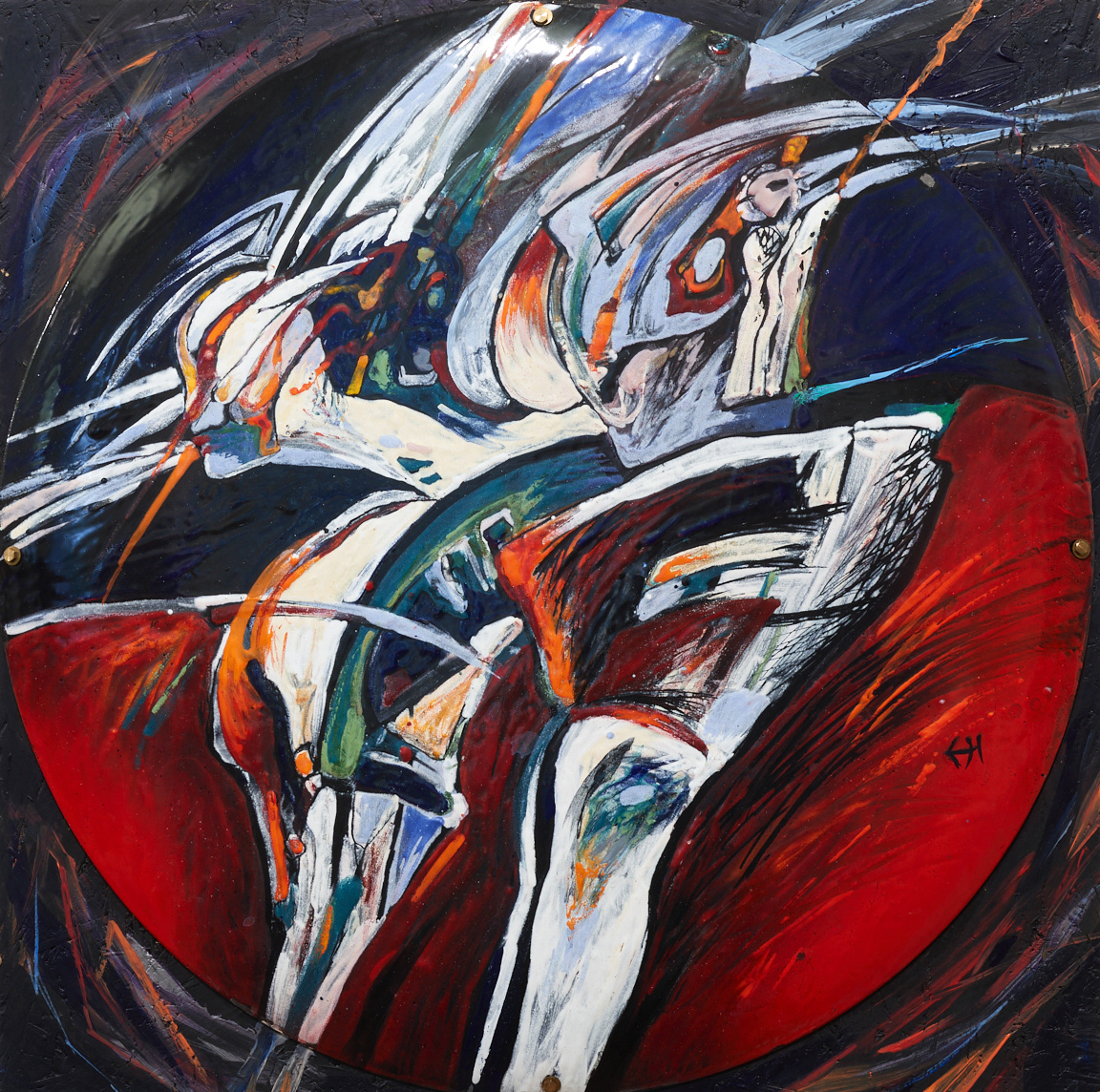 Tanečník/Pták, smalt na oceli, 50 x 50 cm