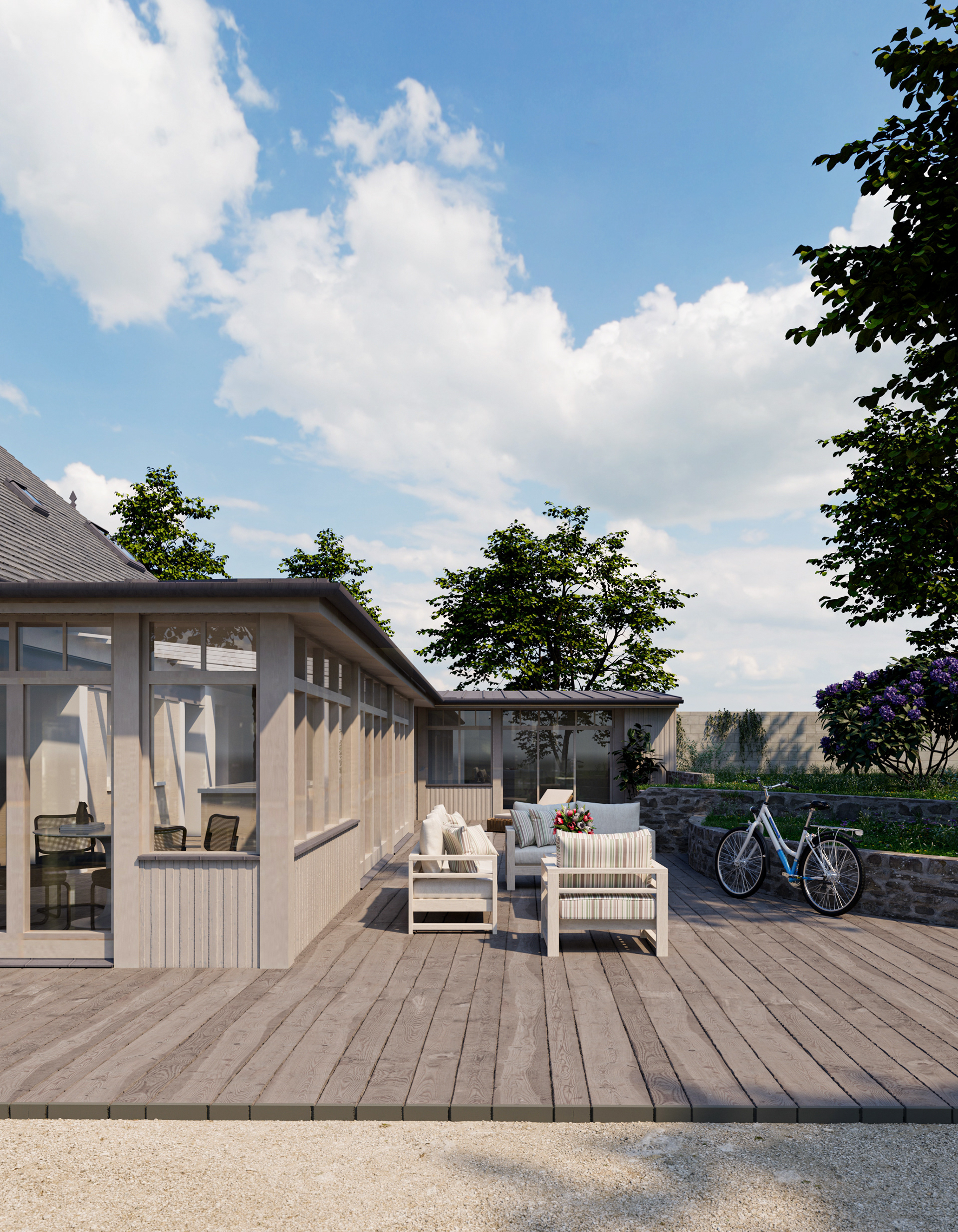 Vue de la terrasse et de l'extension - Les Hayes