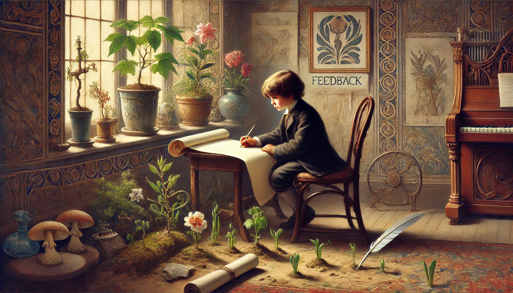 generate a small figure contemplating growth and feedback, painted by a master renaissance artist in the 1900s