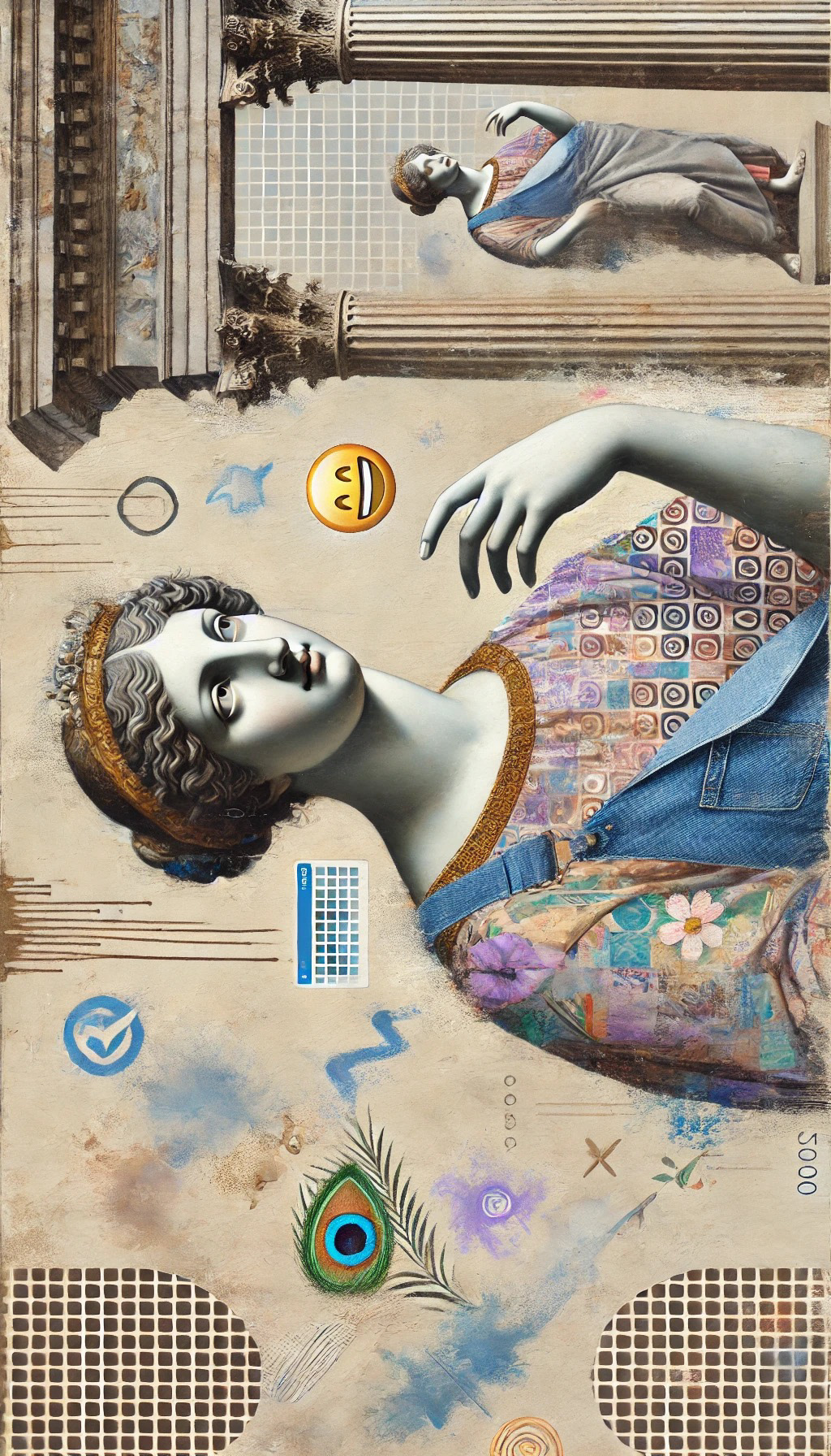 The emoji is an interesting artifact in this image, but it reminds you that these models are trained on visual data online, and there are lots of photos and videos with emojis on them, so it makes sense. I also love the facade of the sweater and overalls, because on the reflected smaller figure in the background, they fade away back into stone. I love it