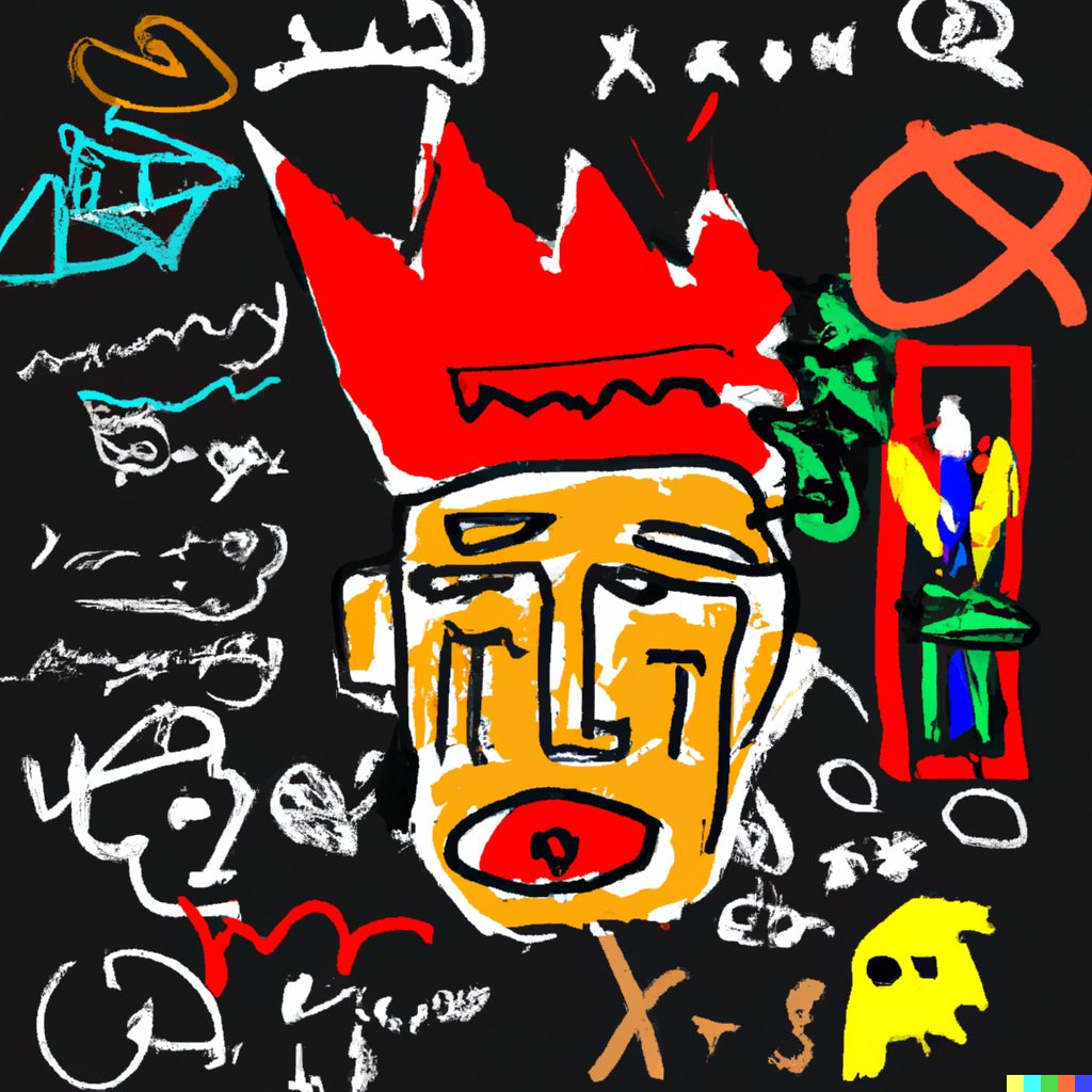 "man thinking about war in the style of basquiat"