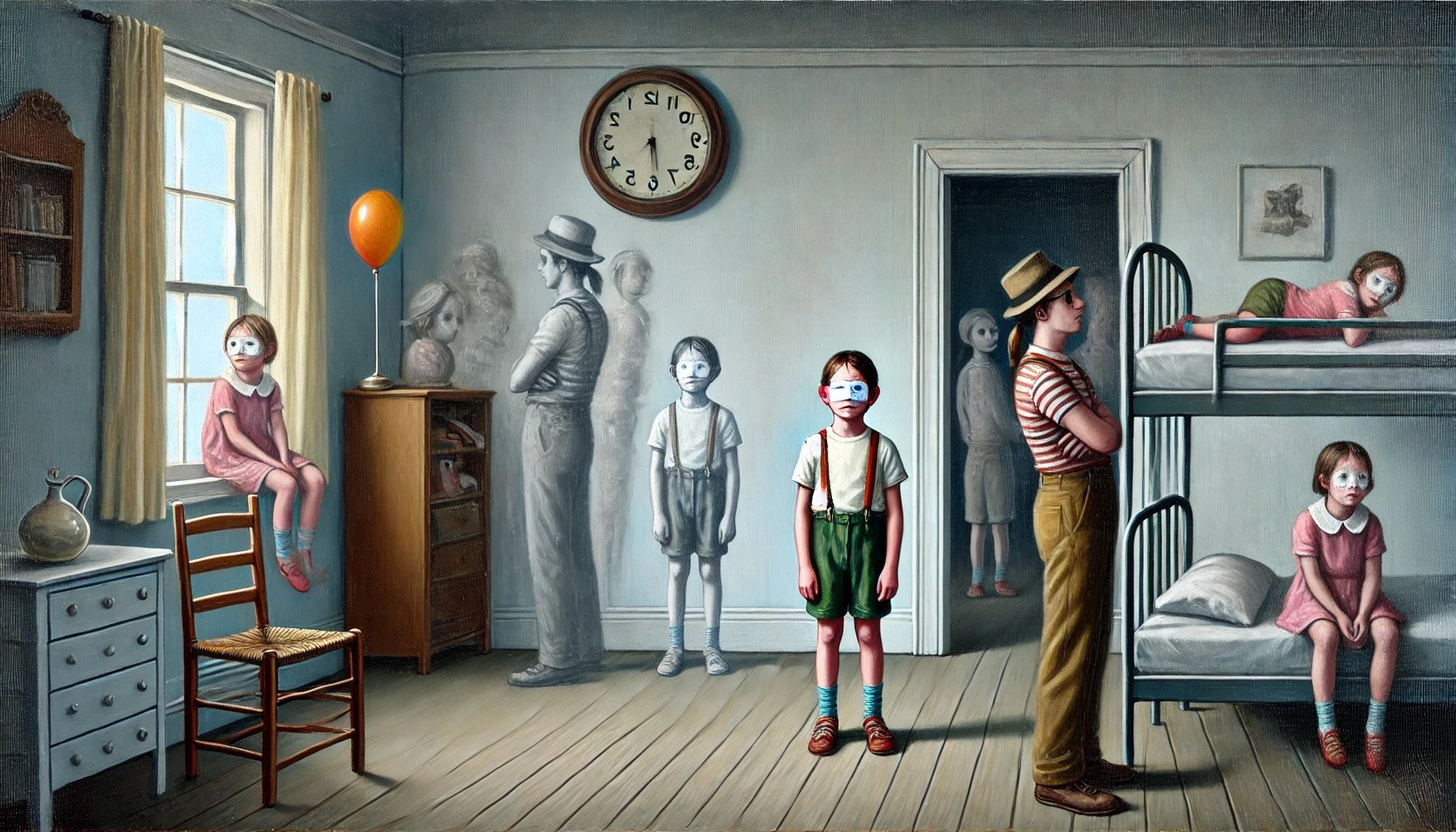 This one's prompt had something to do with the solitude of the middle child. I love the ghostly figures with strange masks, the repeated characters, and especially the clock that is in reverse. Just such a strange thing for a computer to create. I love it