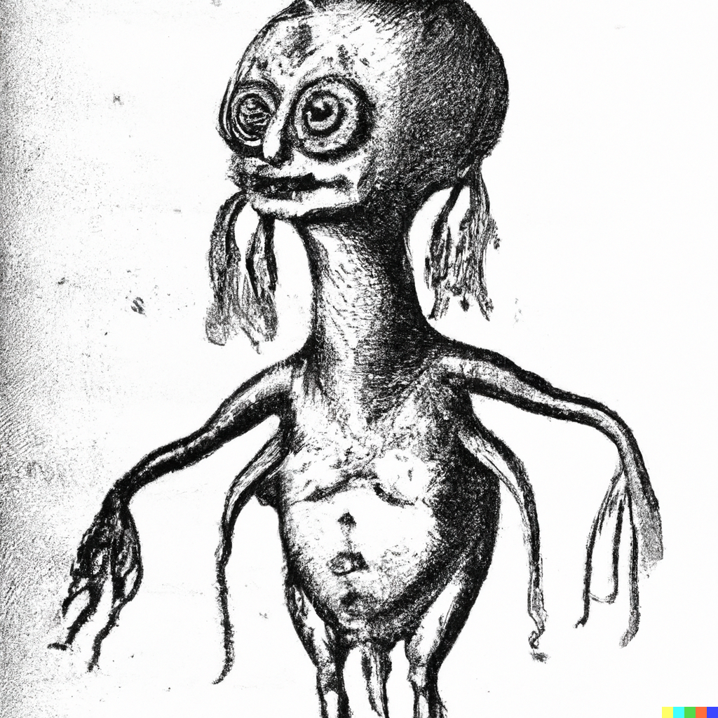 excerpt from 1800s anatomy textbook, alien figure, cursed