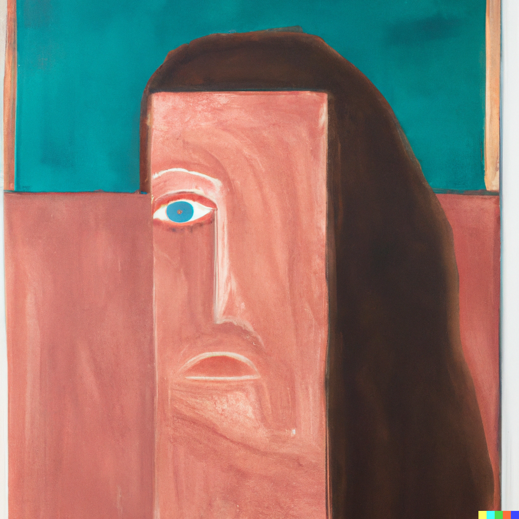 rectangle covering up half of a young woman's face, abstract painting by schizophrenic 70 year old artist
