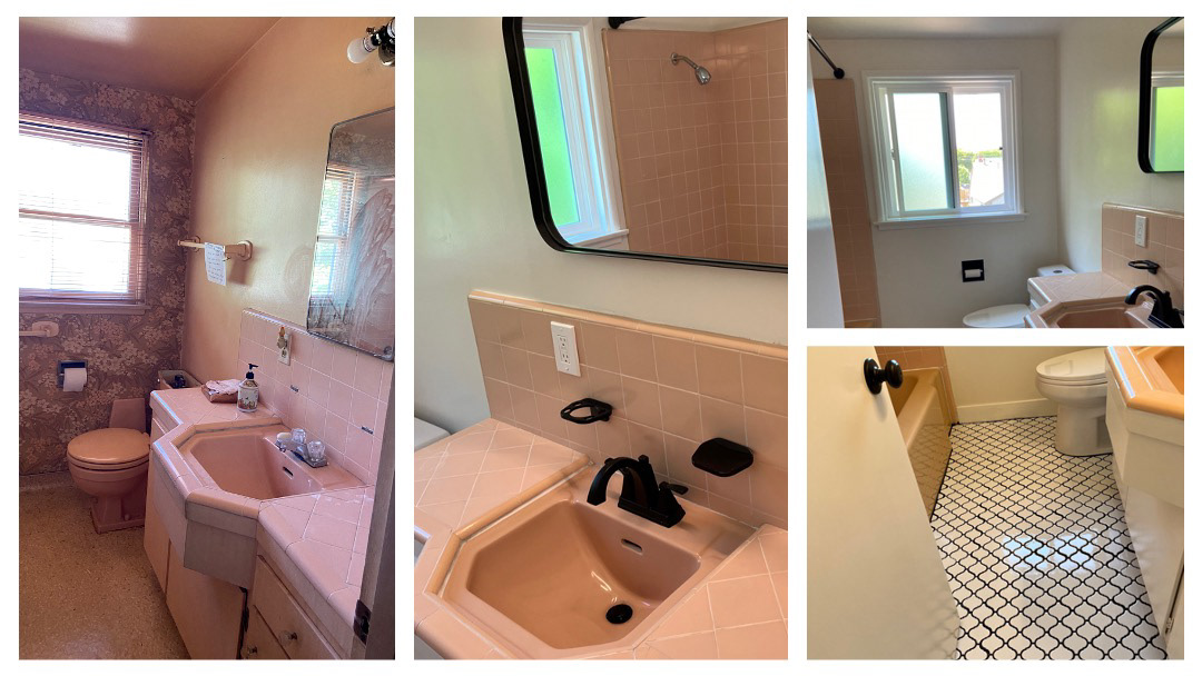 Before and After (Bathroom) - Original Tiles | Wallpaper Removed, New Toilet, New Fixtures, New Floors, Fresh Paint and New Windows