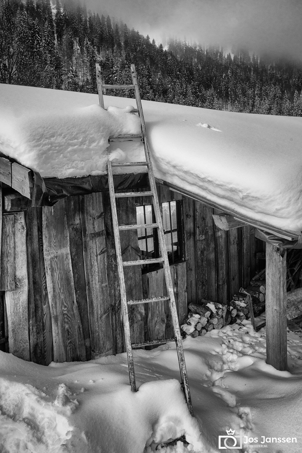 Ladder tegen besneeuwd houten huisje. (Sony A7 III)
