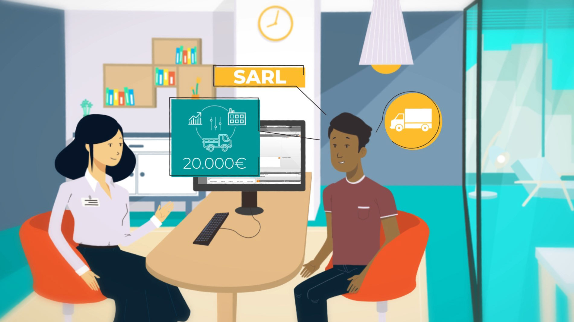 Personnages en situation dans le décor de l'agence