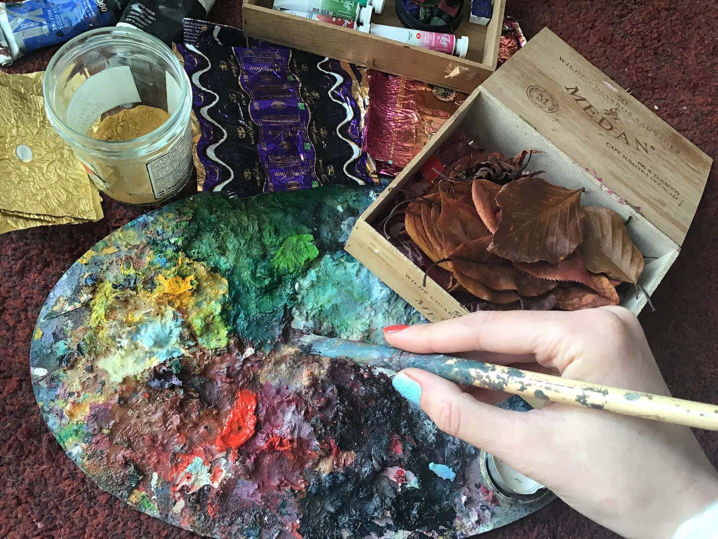 My very diverse palette including crushed autumn leaves and candy wrappers