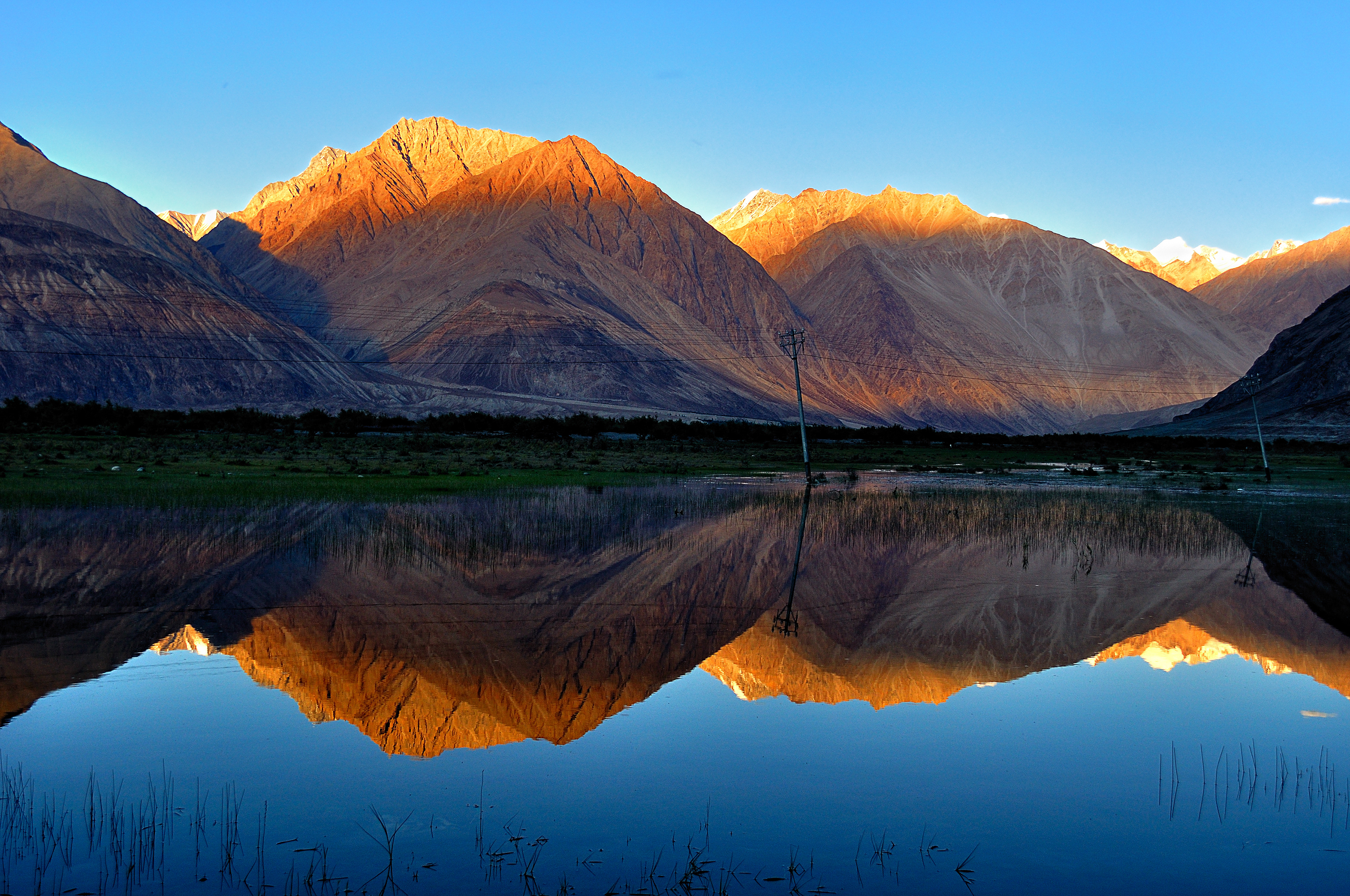 A still reflection pond in the Nubra Valley mirroring the golden, sun-lit mountains of the Karakoram range