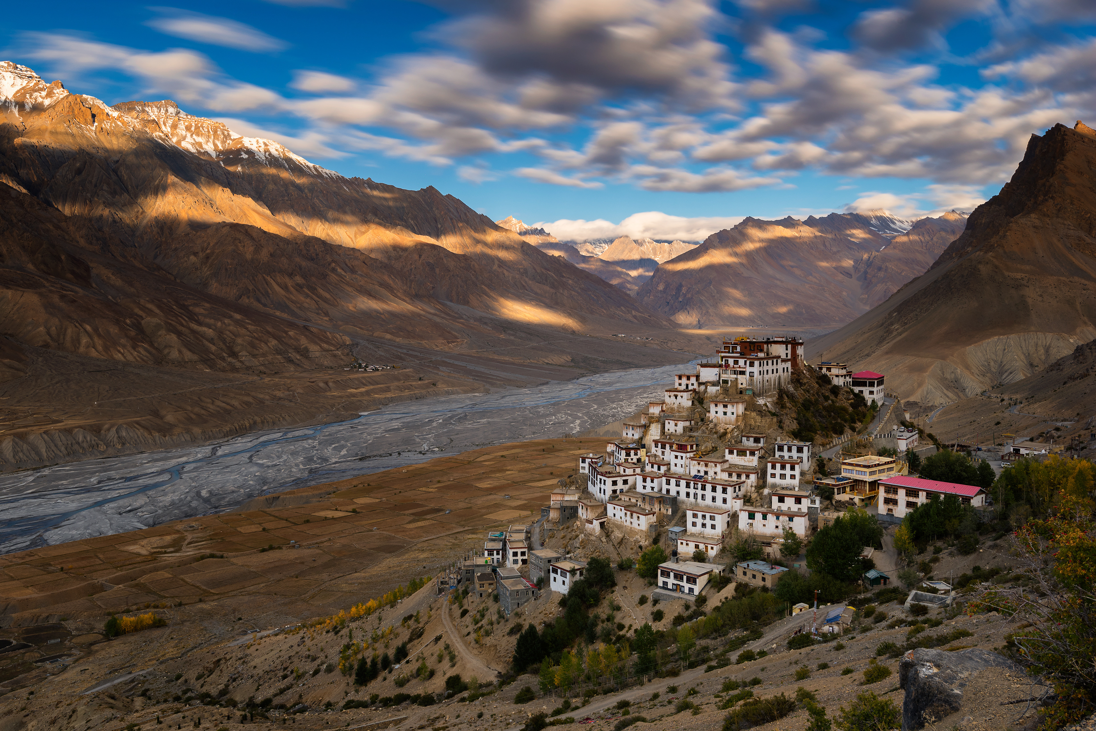Key Monastery (Kye Gompa) perched precariously on a hilltop at 4,166 meters, overlooking the vast Spiti River valley