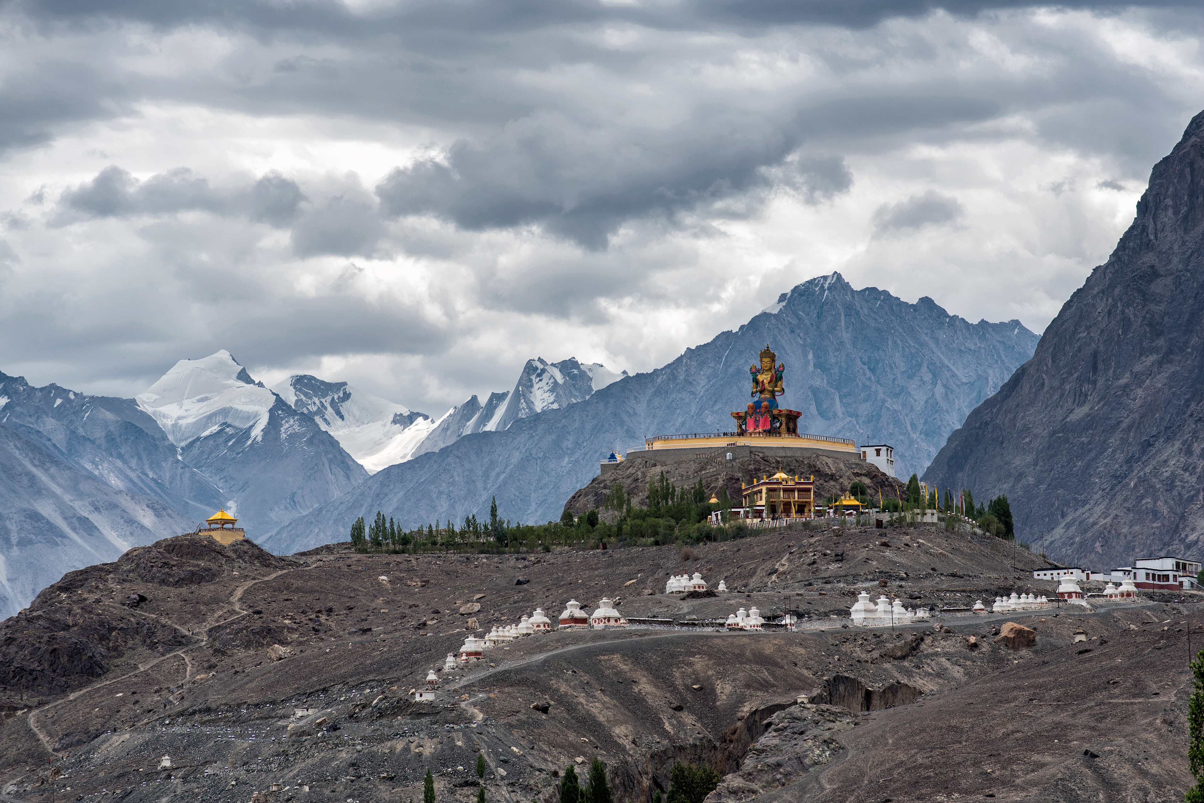 Diskit Monastery perched on a steep hill in the Nubra Valley, overlooking the Shyok River and the vast mountain desert