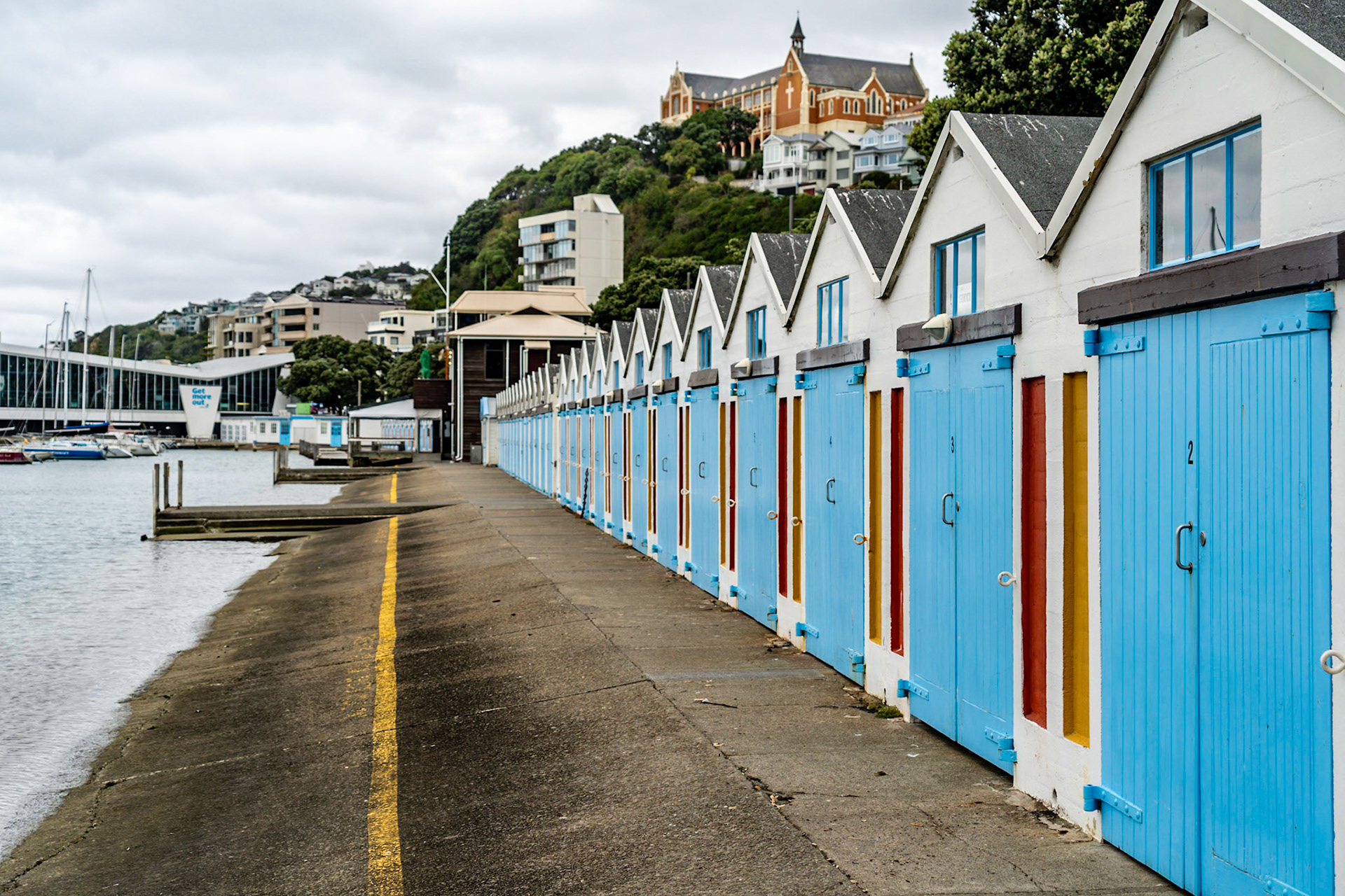 These boatsheds line the harbour in Wellington, New Zealand and add colour and interest to the surrounding area and yacht club