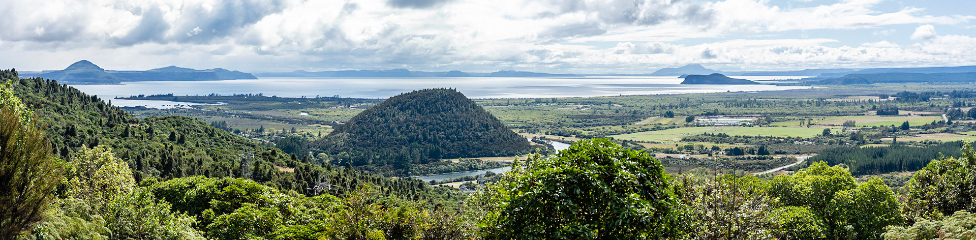 Panoramic view of Lake Rotarua in New Zealand.
