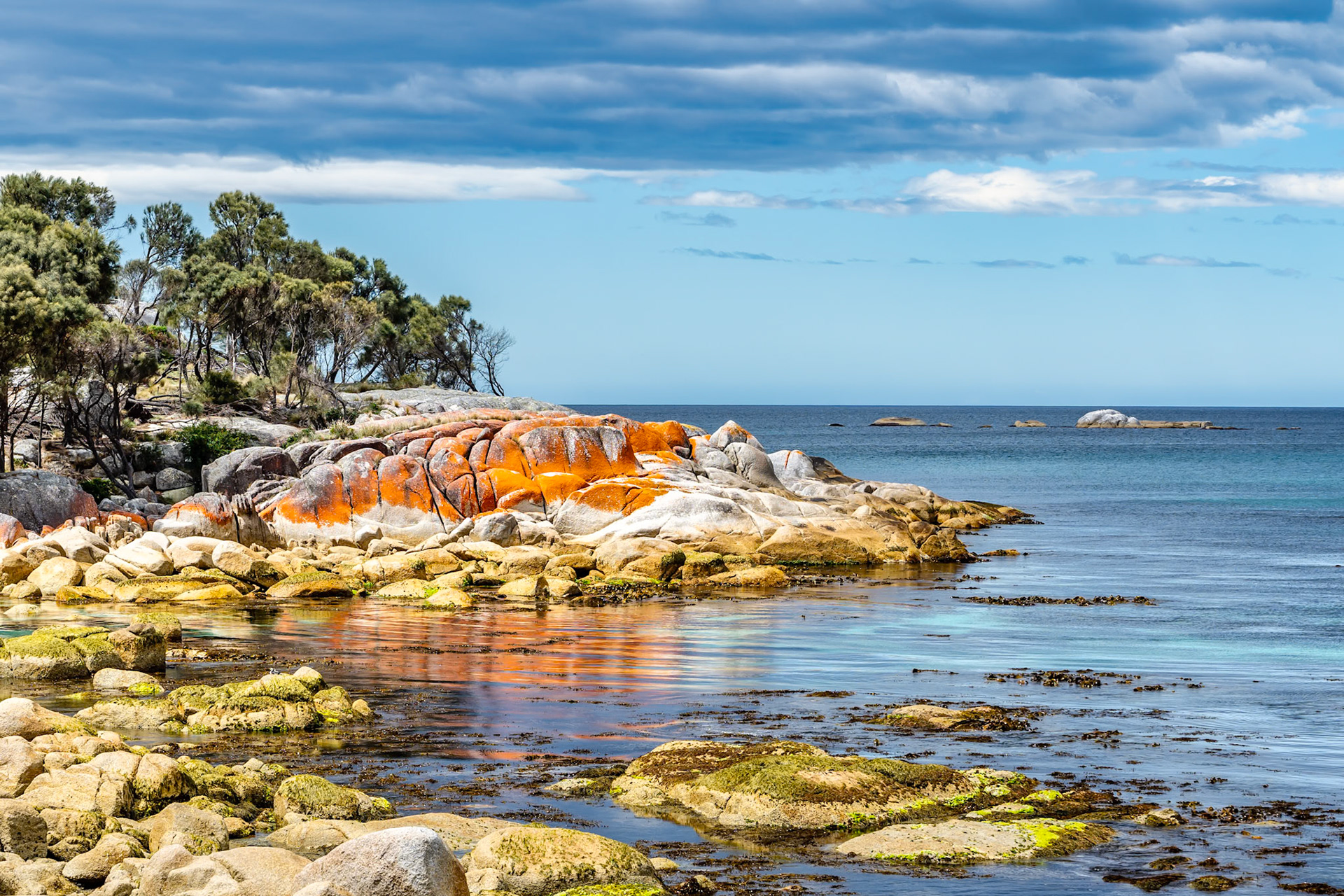 The Bay of Fires can be found on the north east coast of Tasmania It is famous for the orange lichen-covered granite boulders and wild coastline.