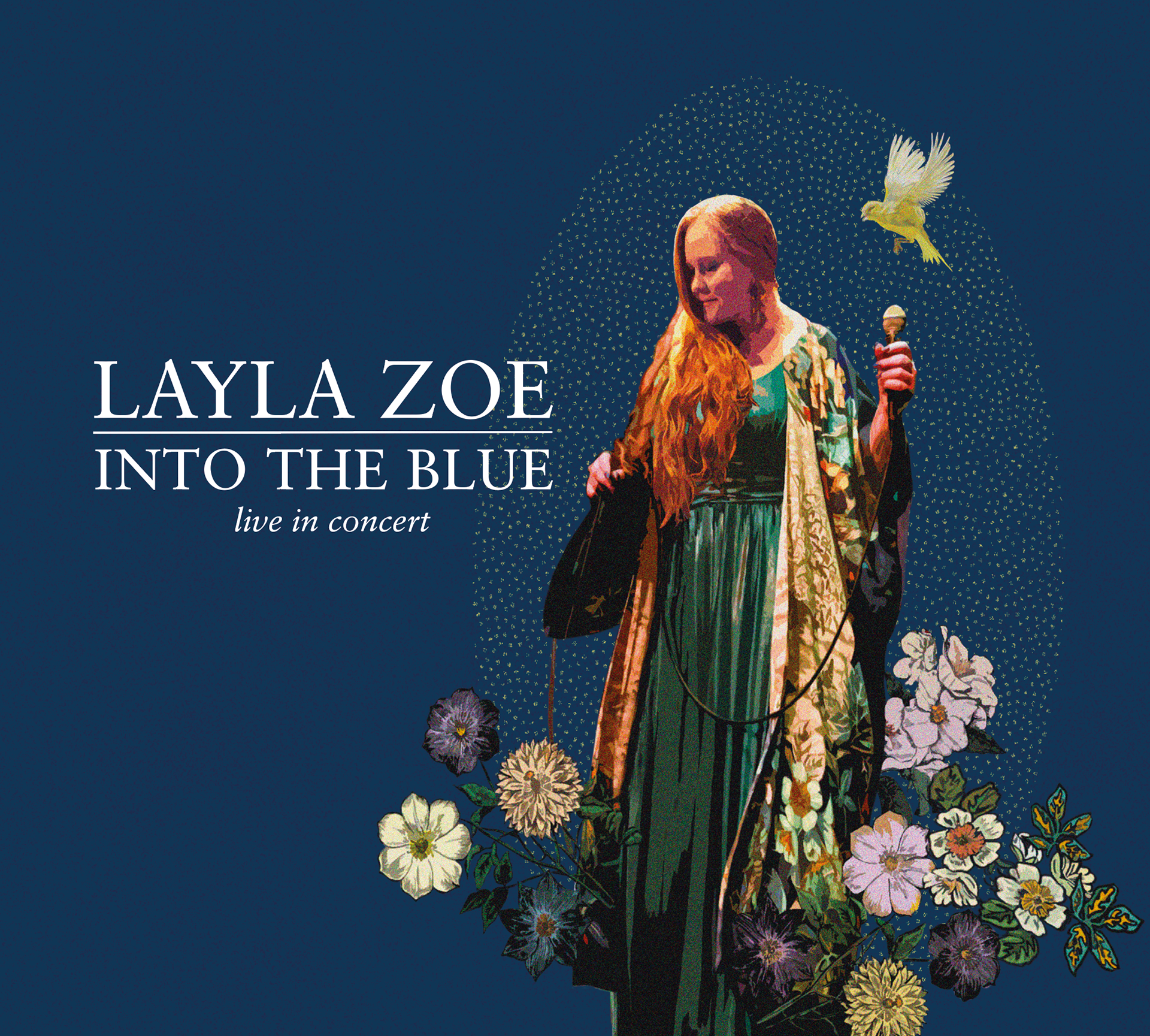 Cover art, digital drawing / painting, layout, photo editing, based on a photo by Sabine Buettner. Hand drawn flowers and bird.