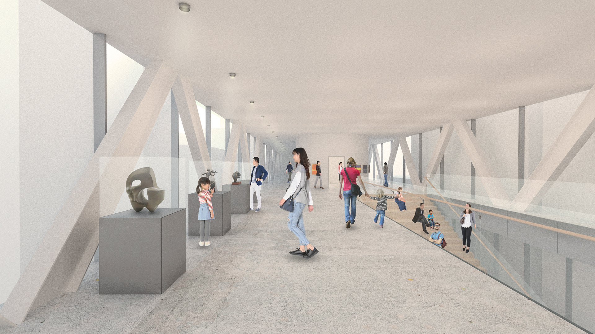 Small exhibition spaces are scattered throughout the long corridor exhibition galleries