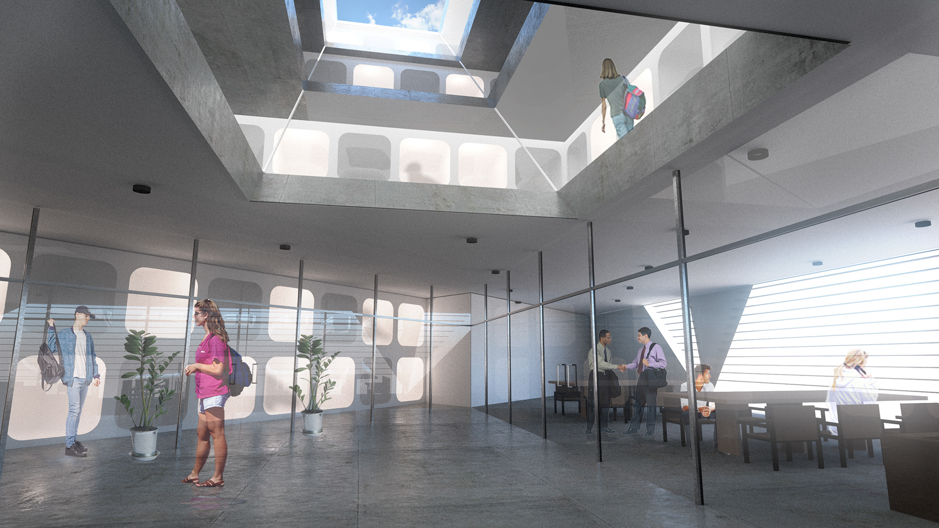 Different activities quietly mingle under a void that serves as a breezeway