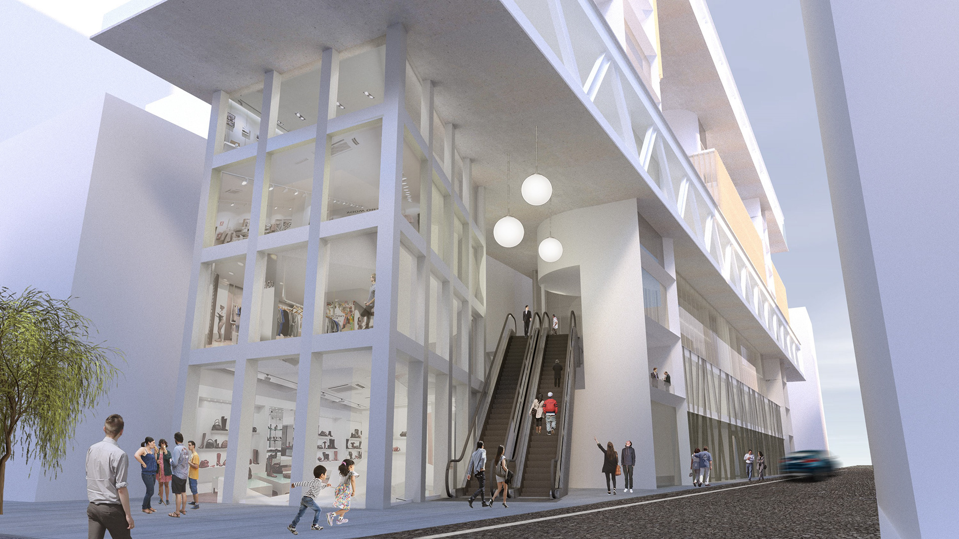 On the first floor, in a large under-eave space, an escalator leads into inside the building