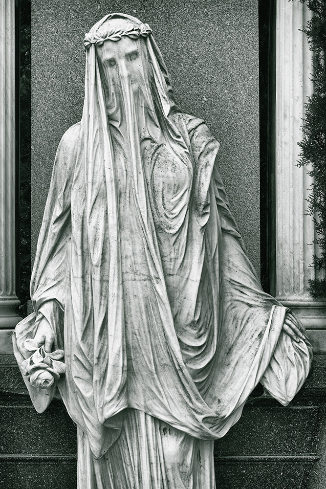 Veiled portrait in a Viennese cemetery with delicate facial features, holding a rose in the right hand.