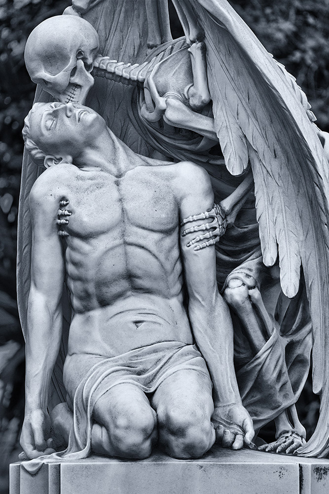 Death, in the form of a winged skeleton, holds a sleeping, athletic youth in his claws and caresses him.