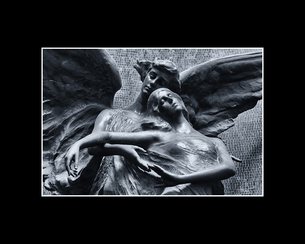 An angel with gentle features guides a young, graceful woman with bare shoulders and a transparent dress heavenward.