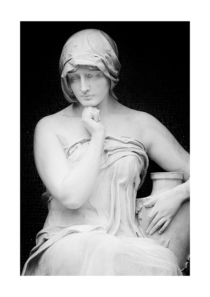 Sculpture of a young woman wearing an off-the-shoulder dress holding an urn and looking pensive. Very tender and erotic.