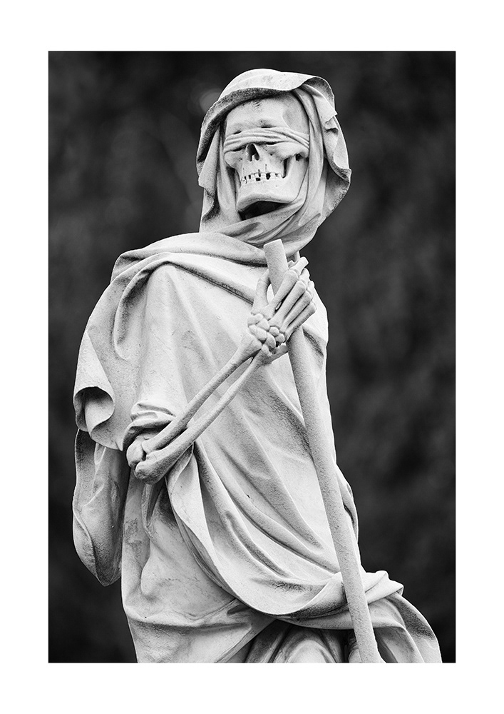 Death, as a merciless Grim Reaper, dressed in a robe and hood, his eyes blindfolded, indiscriminately seeks his victim.