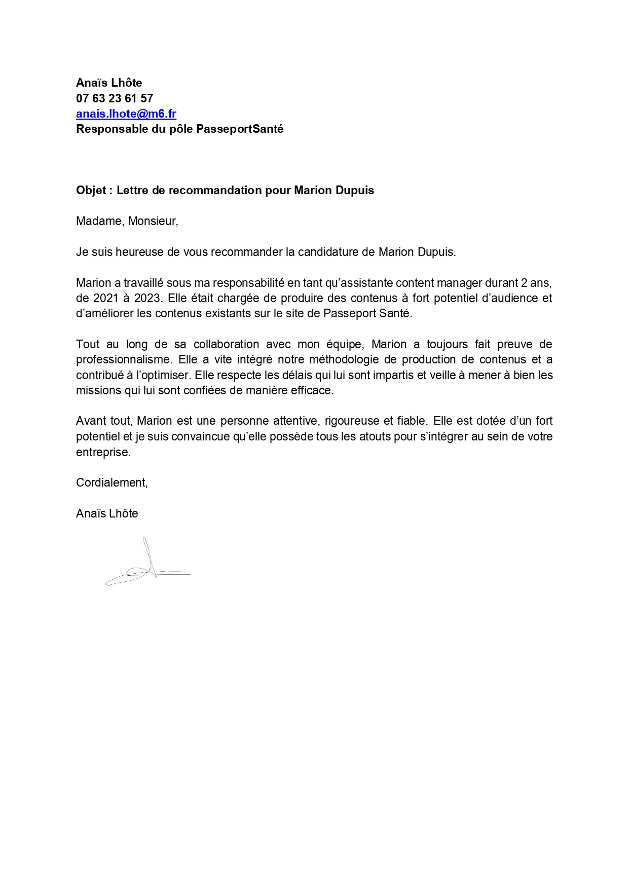 Lettre de recommandation