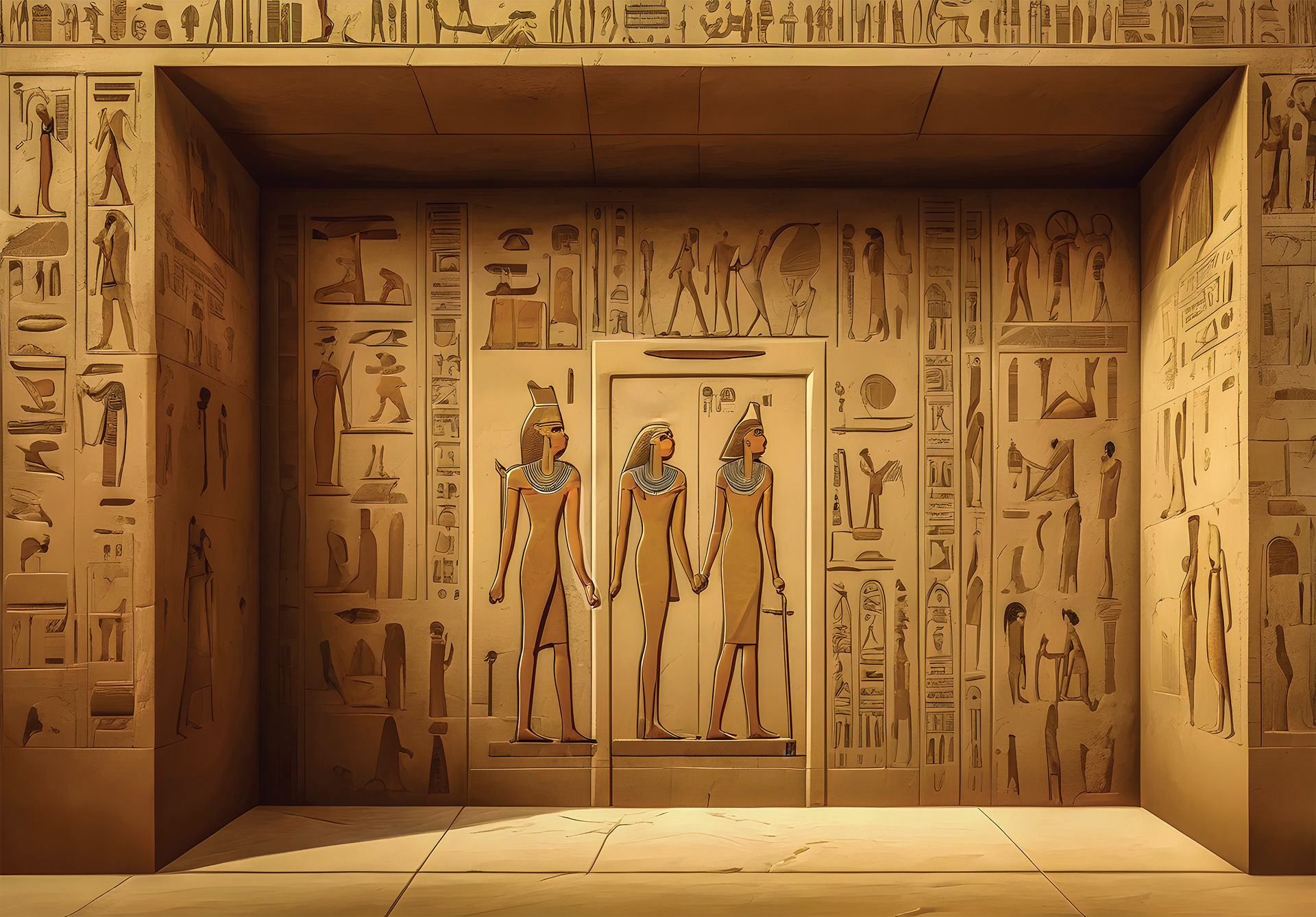 Mural Wallpaper Stylized Egyptian Scene with Figures and Hieroglyphs