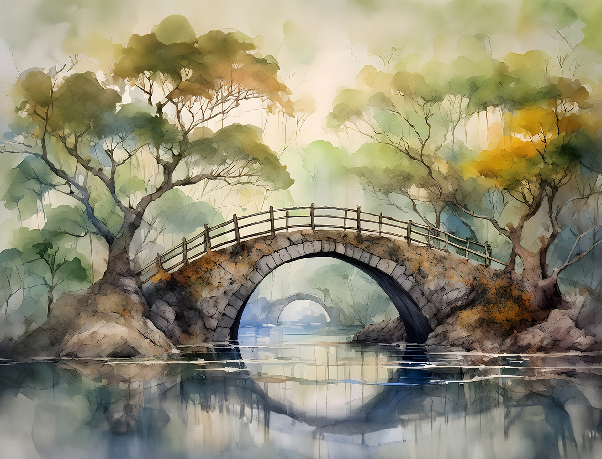 Mural Wallpaper Stone Bridge over Peaceful River