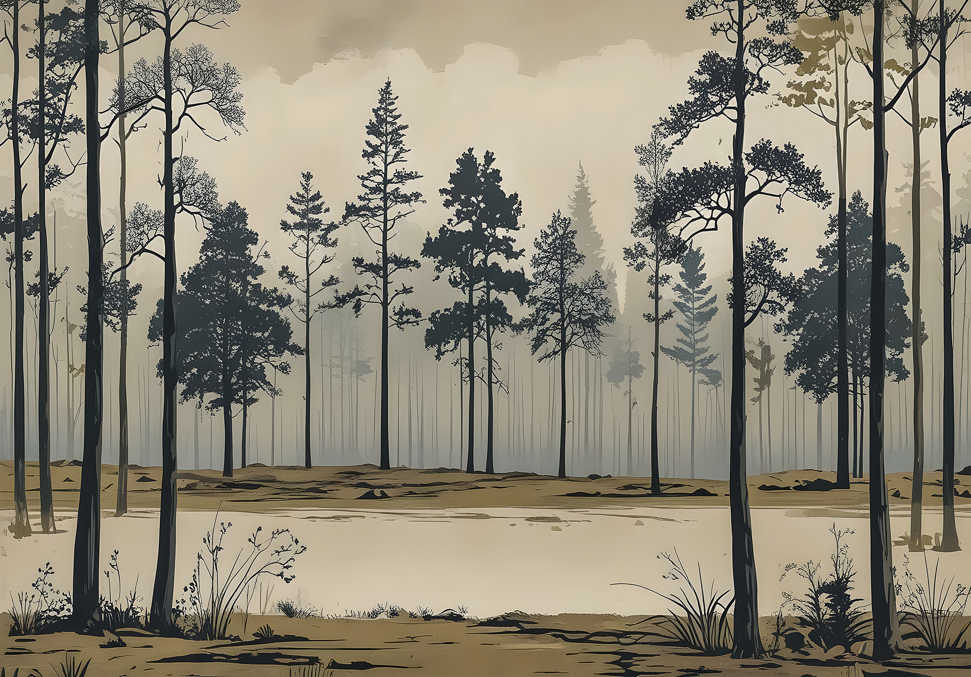 Mural Wallpaper Vintage Forest Landscape