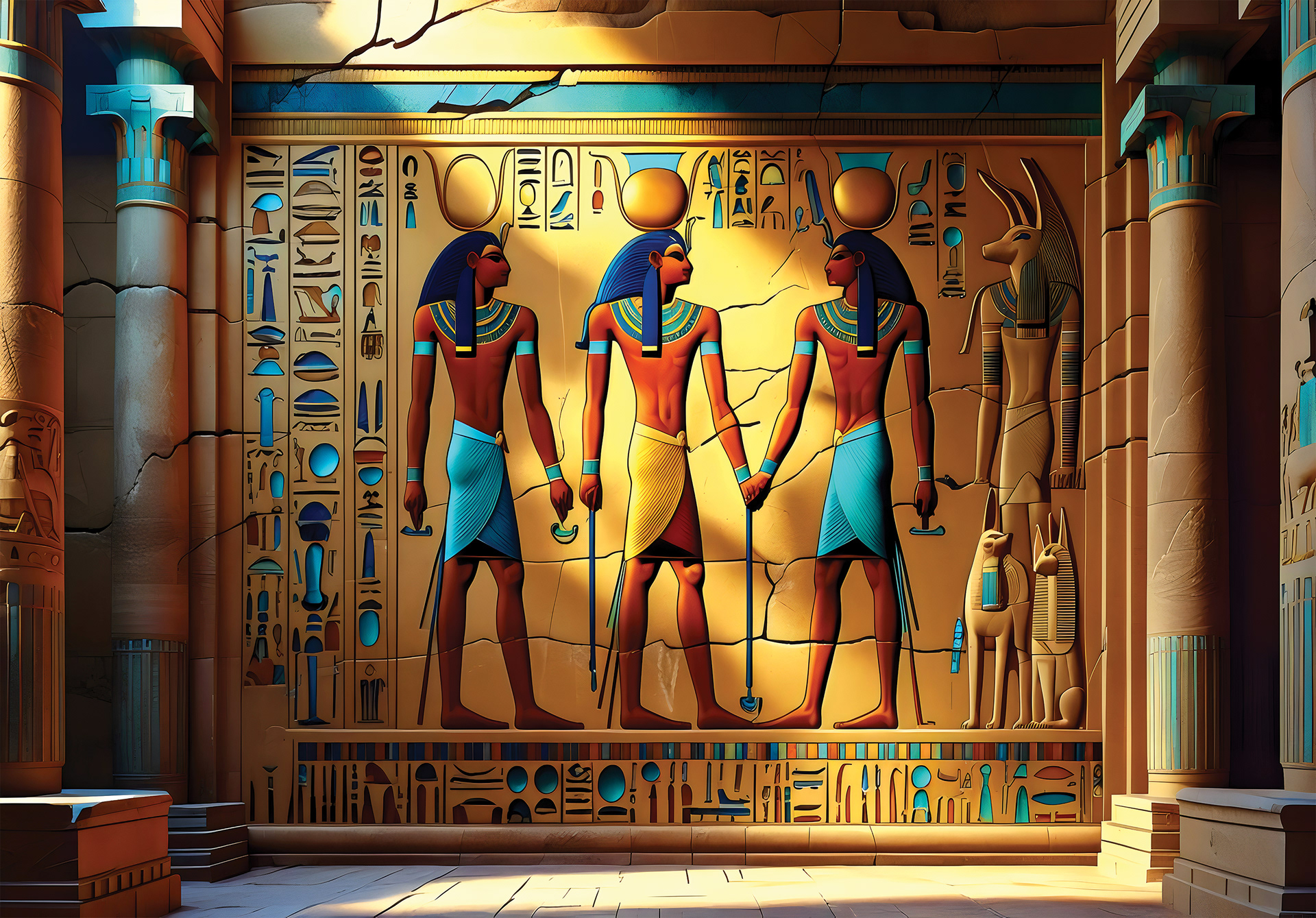 Mural Wallpaper Stylized Egyptian Wall Art with Figures and Hieroglyphs