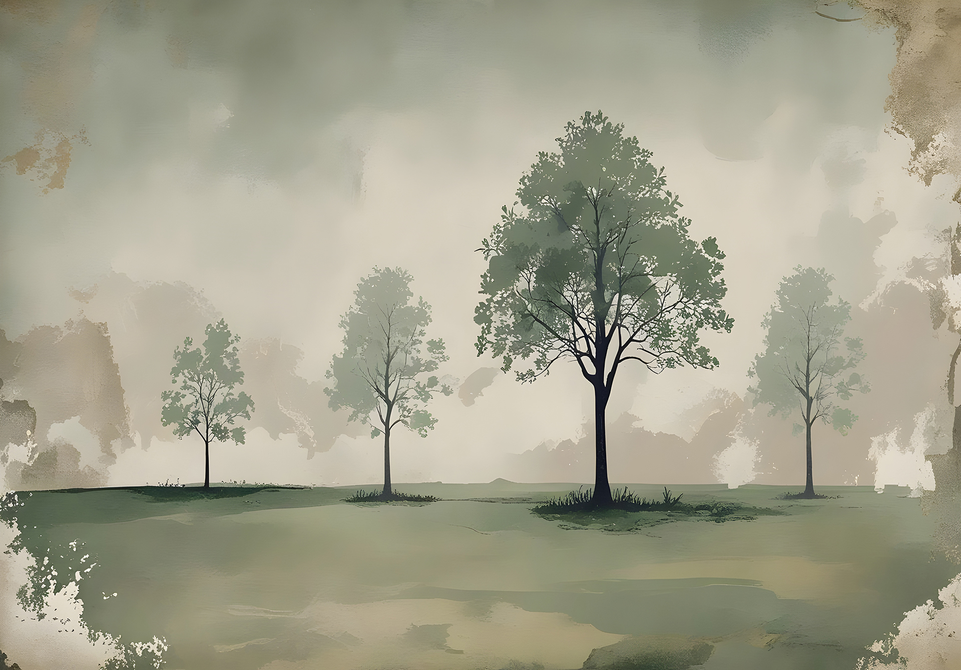 Mural Wallpaper Vintage Landscape with Trees