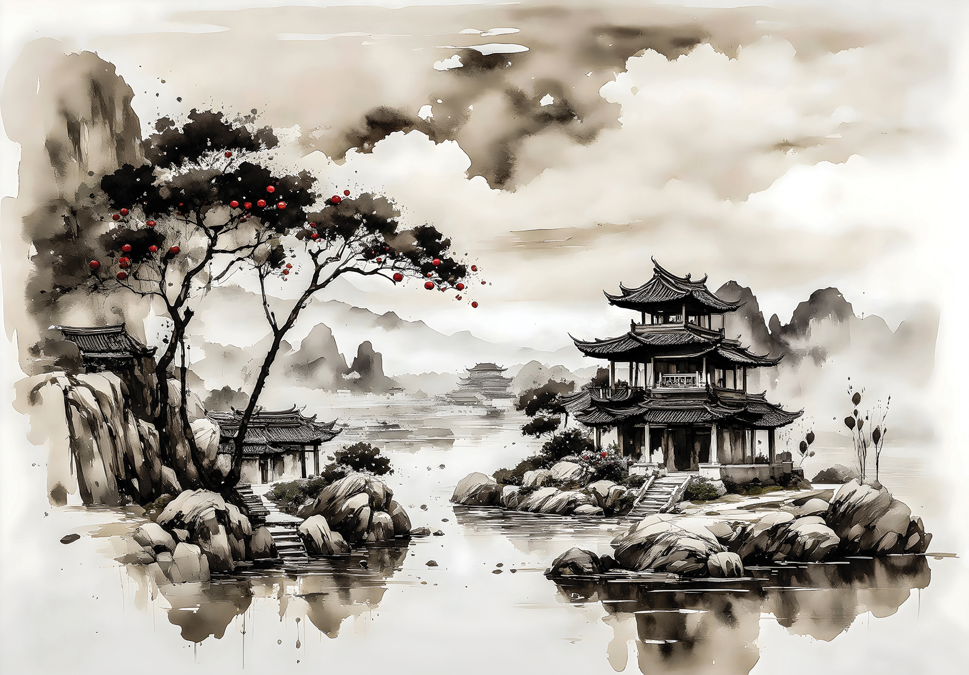 Mural Wallpaper Tranquil Pagoda Reflections