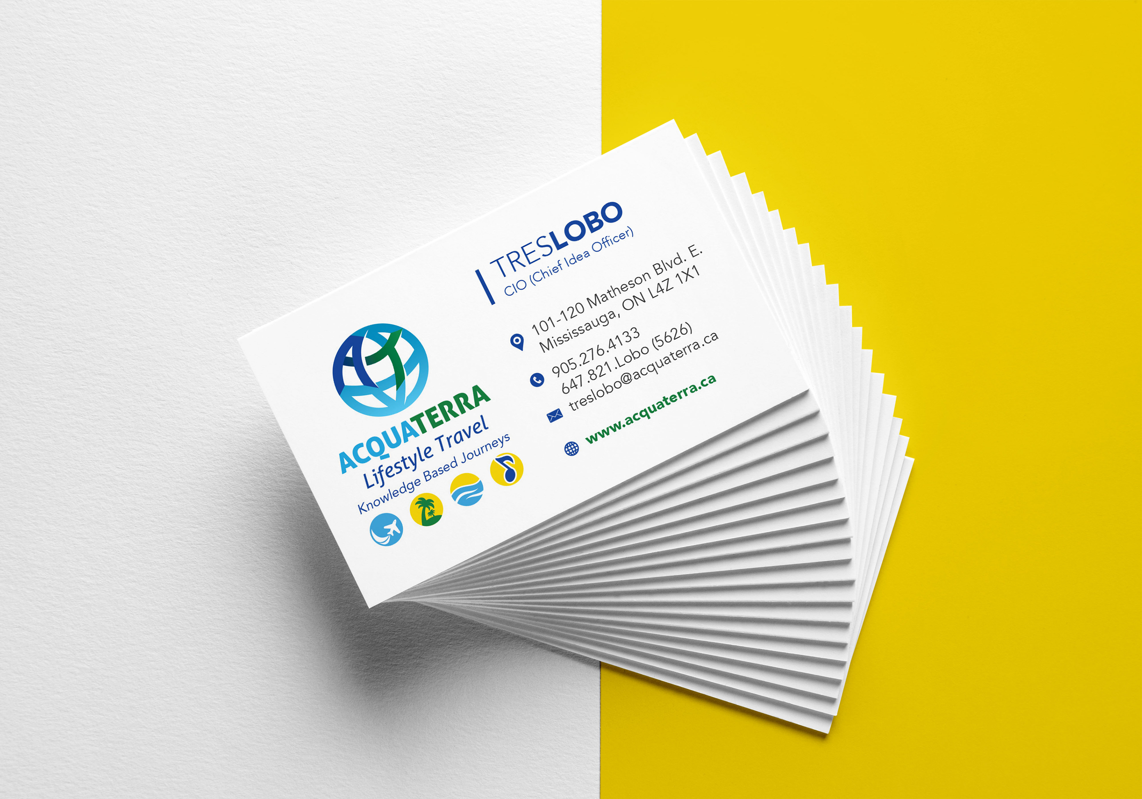 Business card design for lifestyle travel agency Acquaterra. Mockup created for owner Tres Lobo.