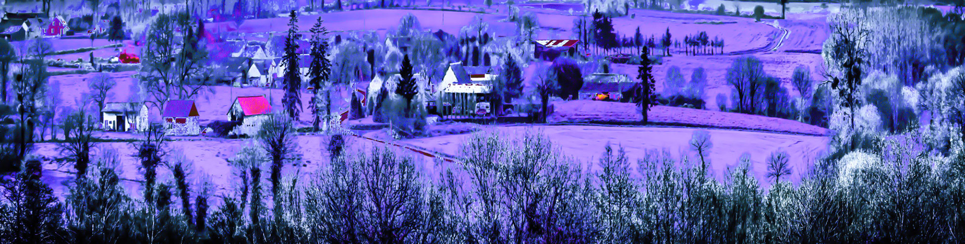 A dreamy, purple-hued landscape depicts a serene rural village with houses, trees, and rolling hills, creating a tranquil, magical atmosphere.