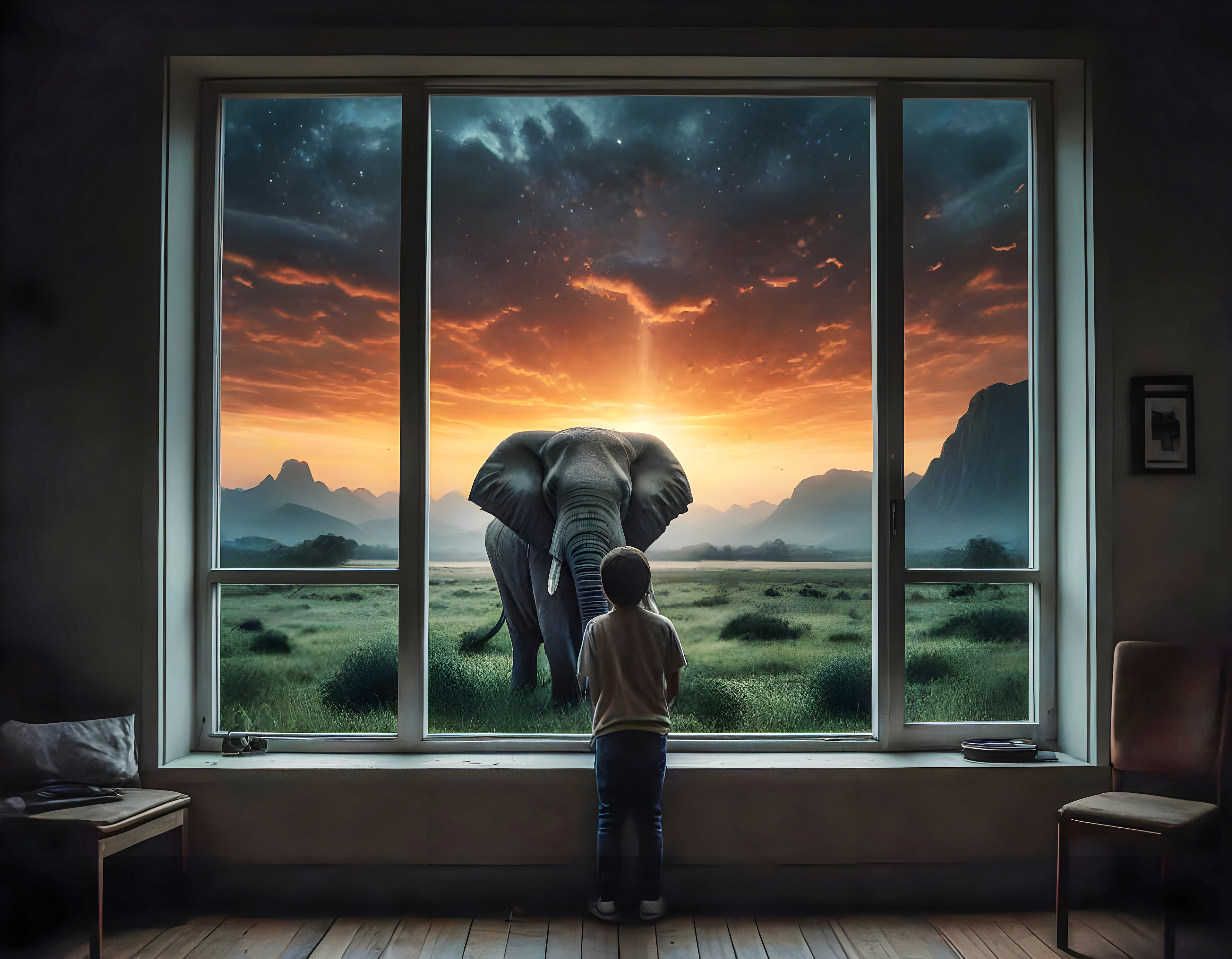 A child stands indoors, gazing through a large window at an elephant against a stunning sunset. The scene feels magical and serene, blending nature and wonder.